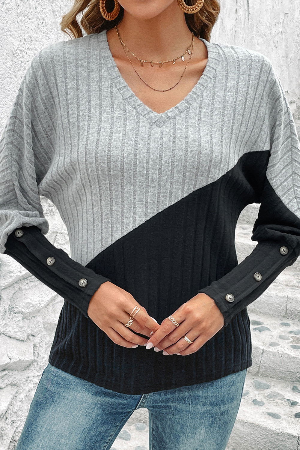 Multicolour Patchwork Button Sleeve V Neck Top