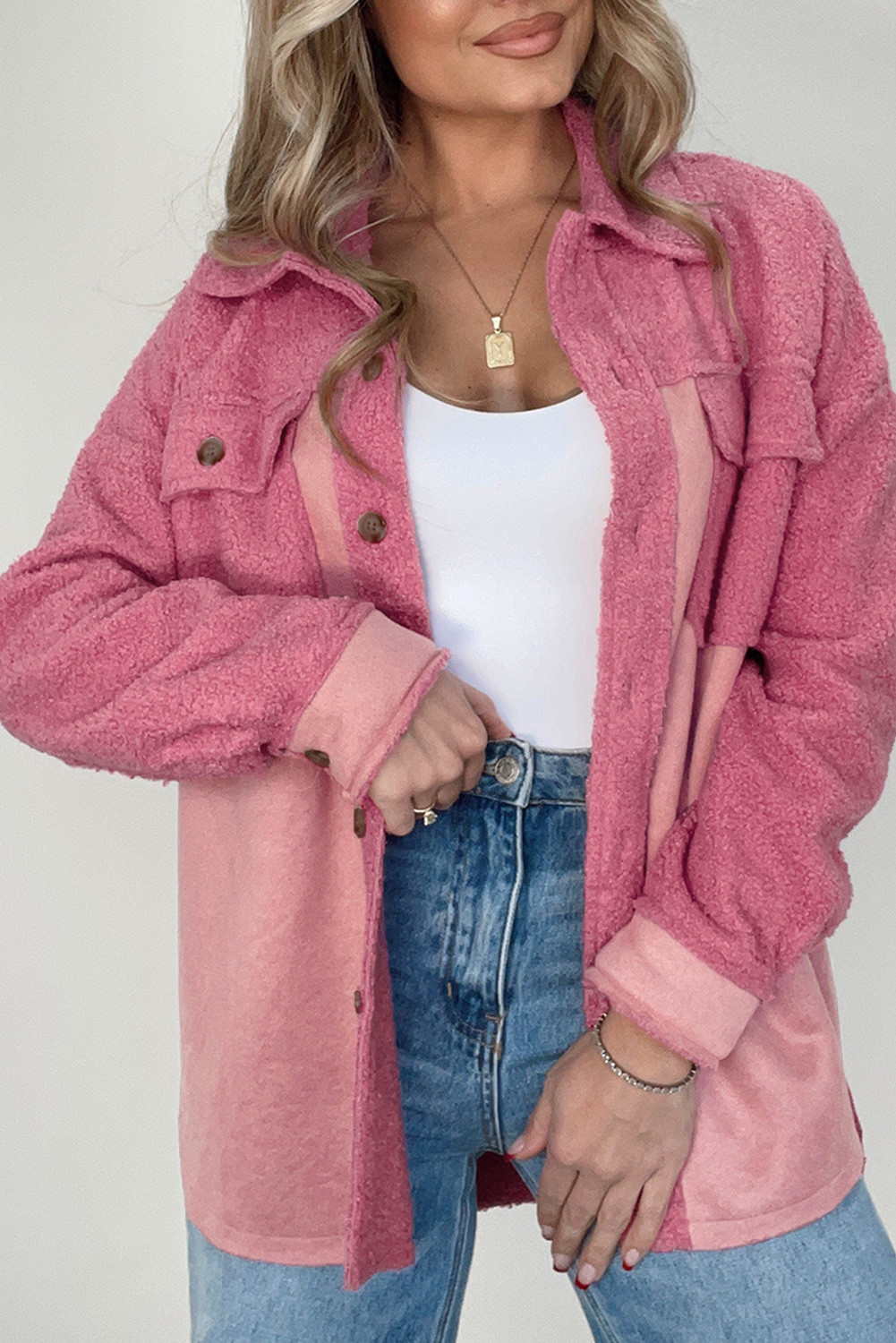 Pink Colorblock Buttoned Flap Pocket Sherpa Jacket