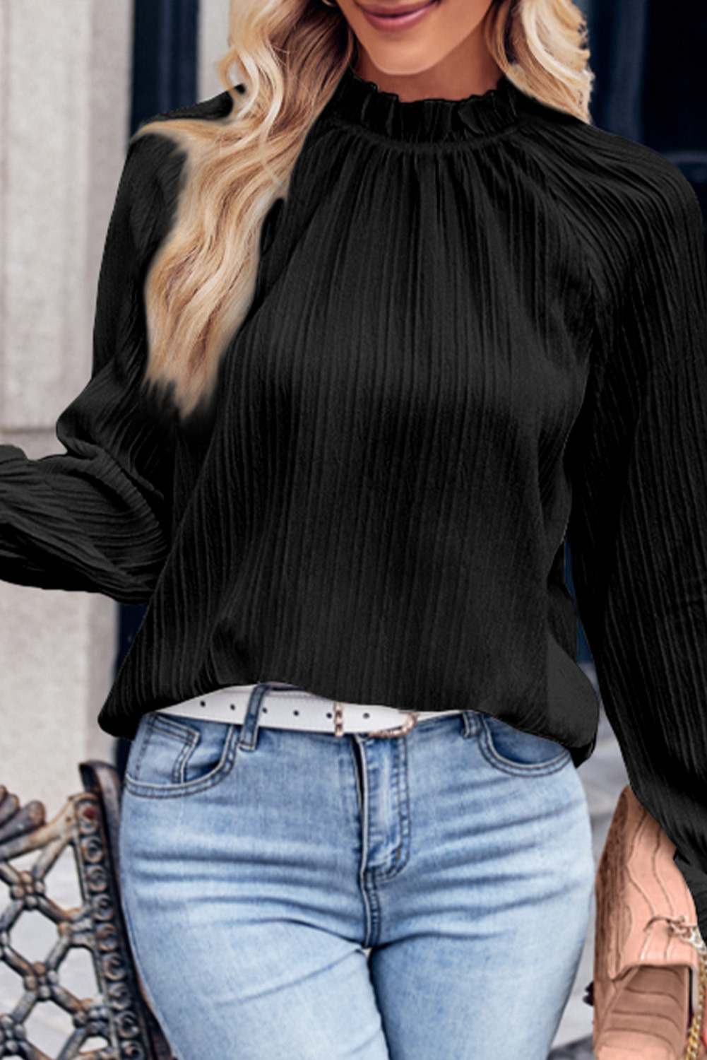 Black Frilled Mock Neck Bubble Sleeve Pleated Blouse