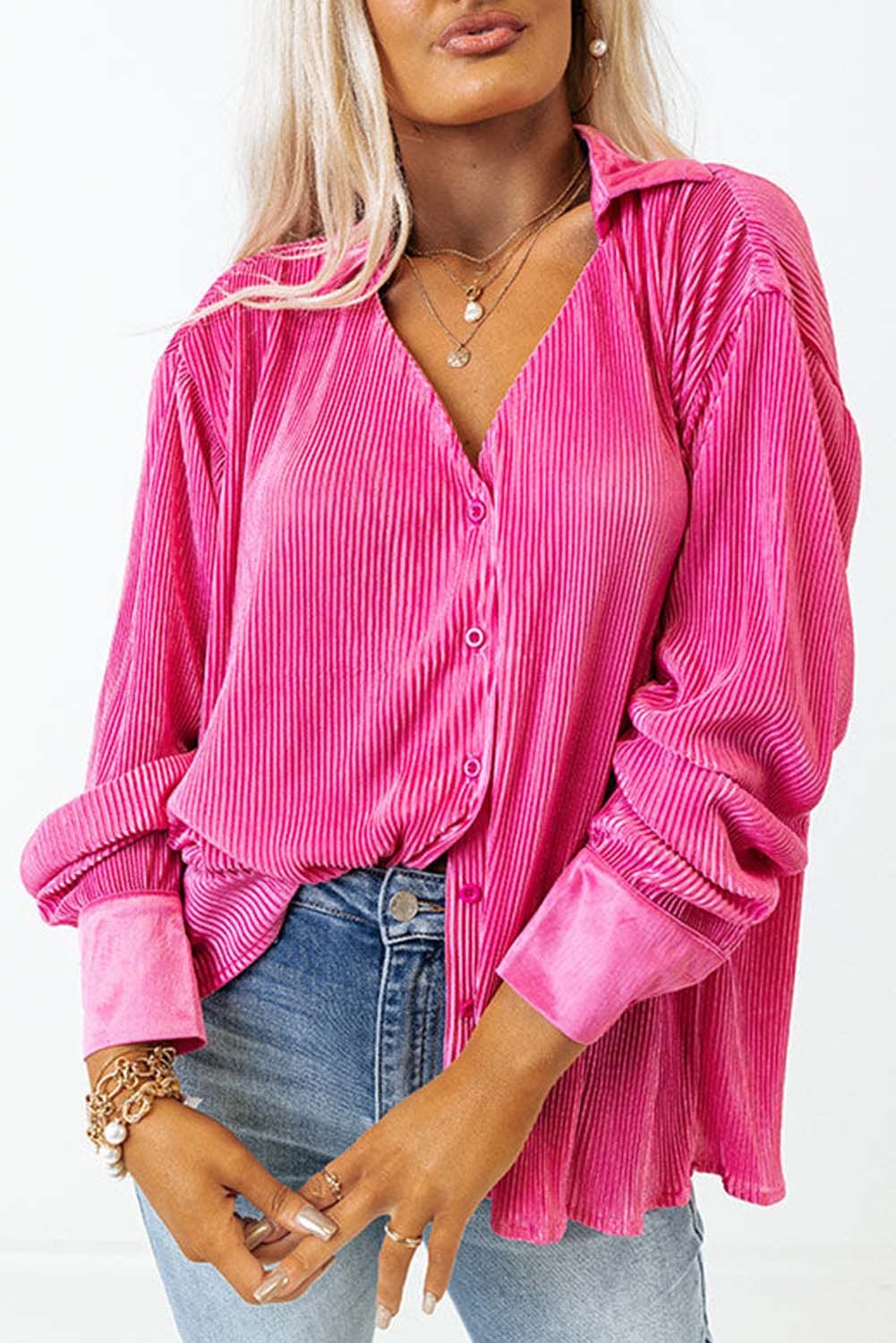 Pink V Neck Collared Button Up Corduroy Shirt