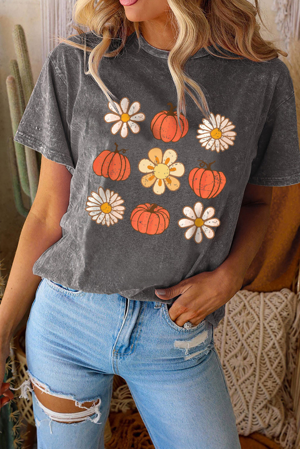 Black Pumpkin Floret Graphic Vintage Washed T-shirt