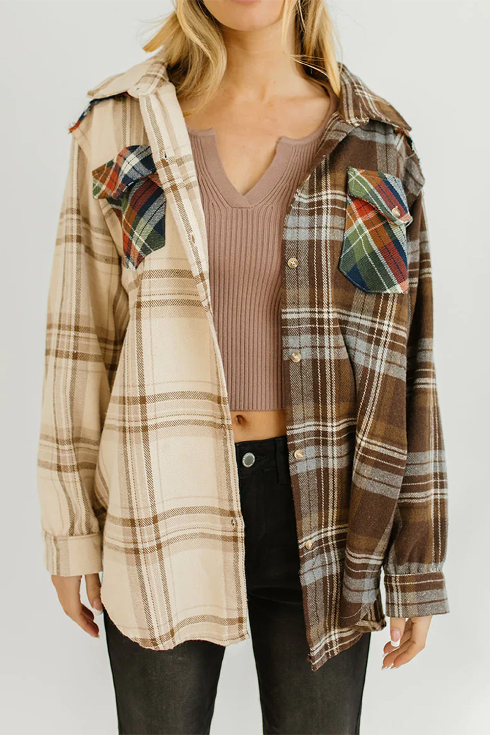 Brown Plaid Colorblock Button Up Pocketed Shacket