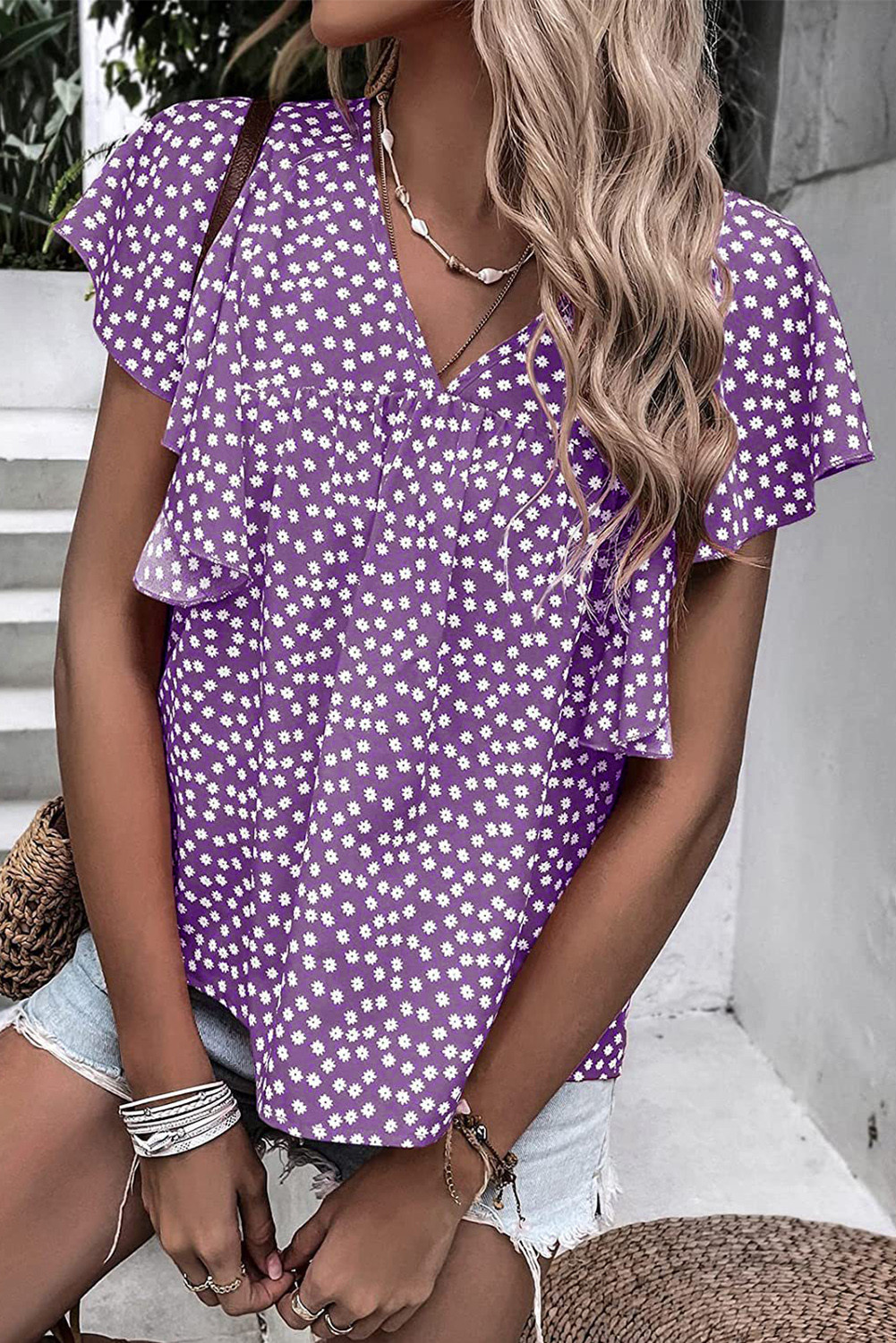 Purple Floral Print V Neck Ruffle Sleeve Blouse
