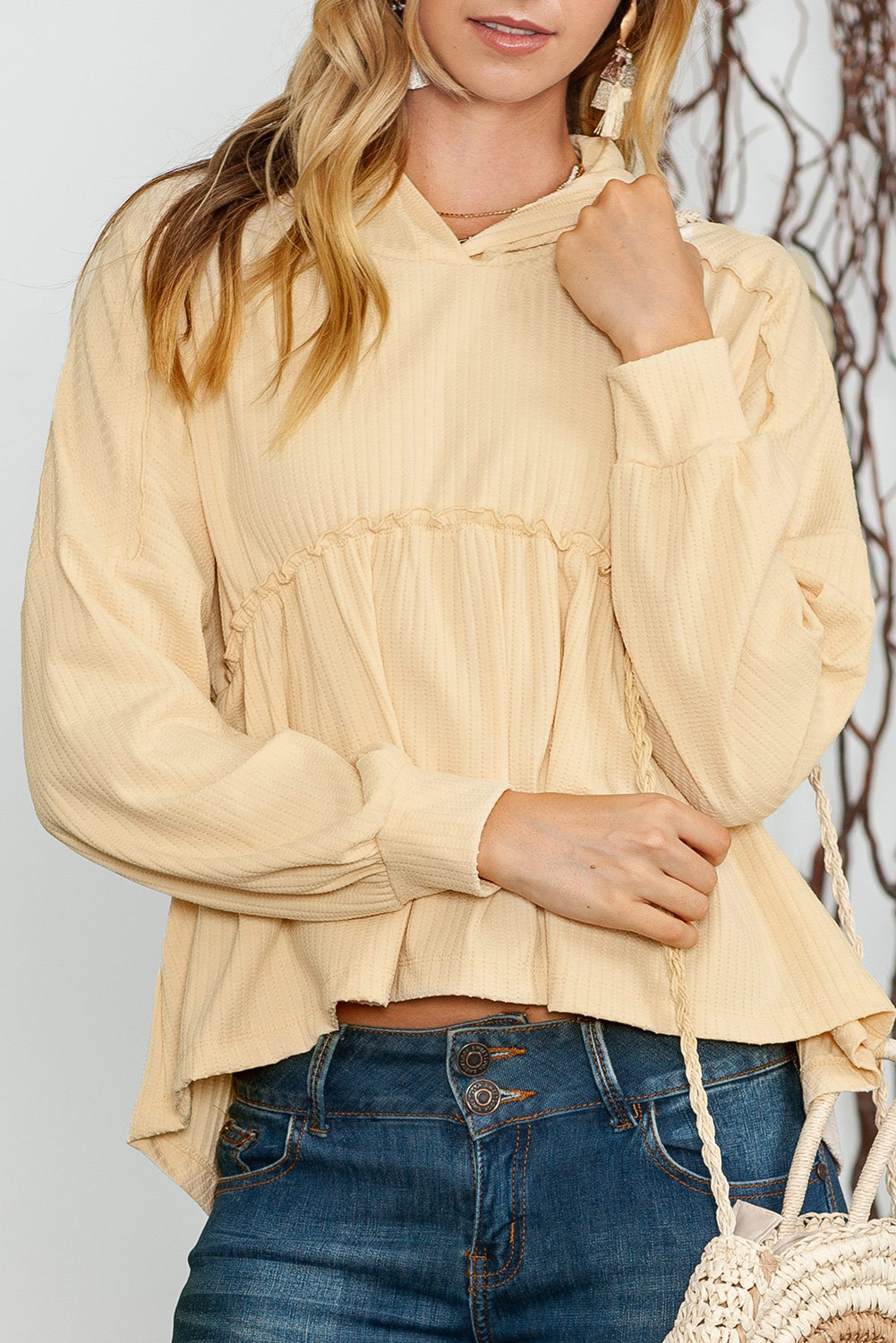 Beige Solid Color Drop Shoulder Pullover Hoodie