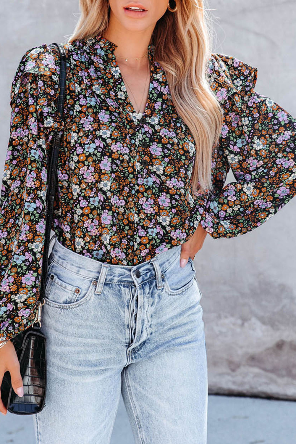 Red Floral Print Ruffled Bubble Sleeve Shirt