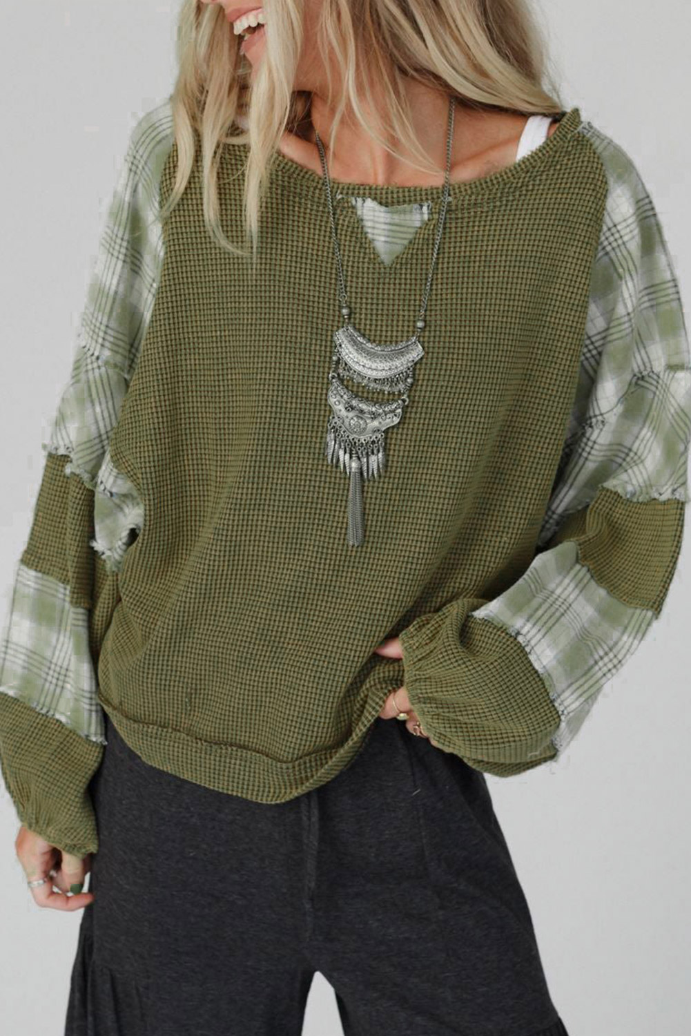 Shewin Wholesale NEW arrival Green Plaid Patch Waffle Knit Long Sleeve Top