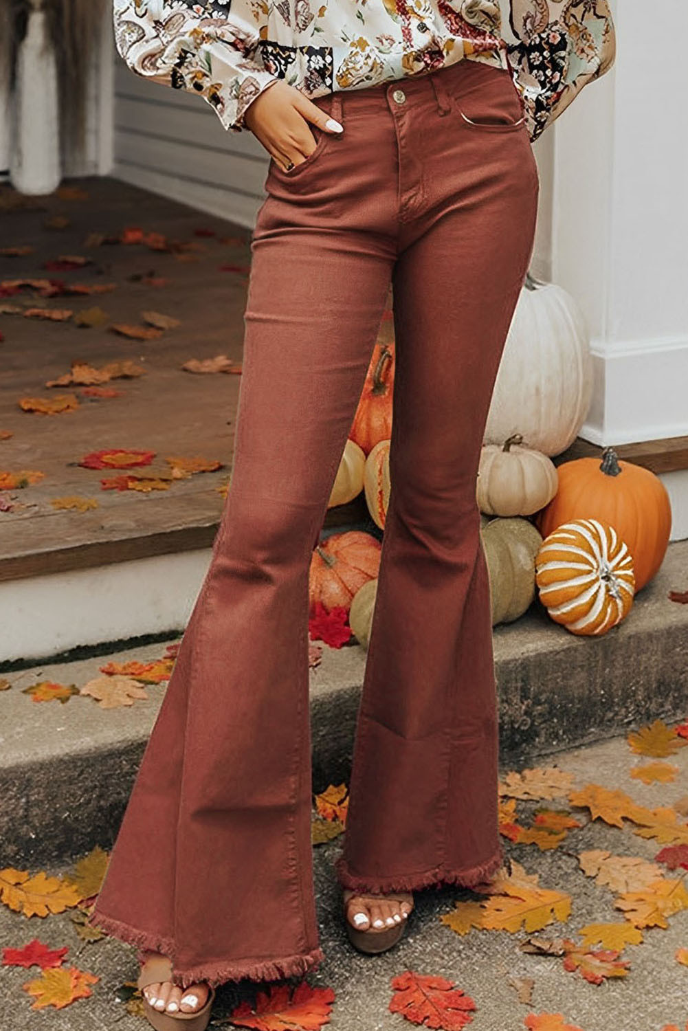 Red High Waist Raw Hem Flare Jeans