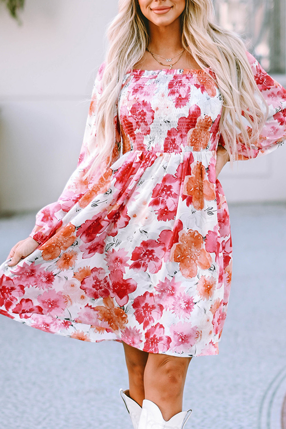 Floral Print Square Neck Smocked Dress for Vacation