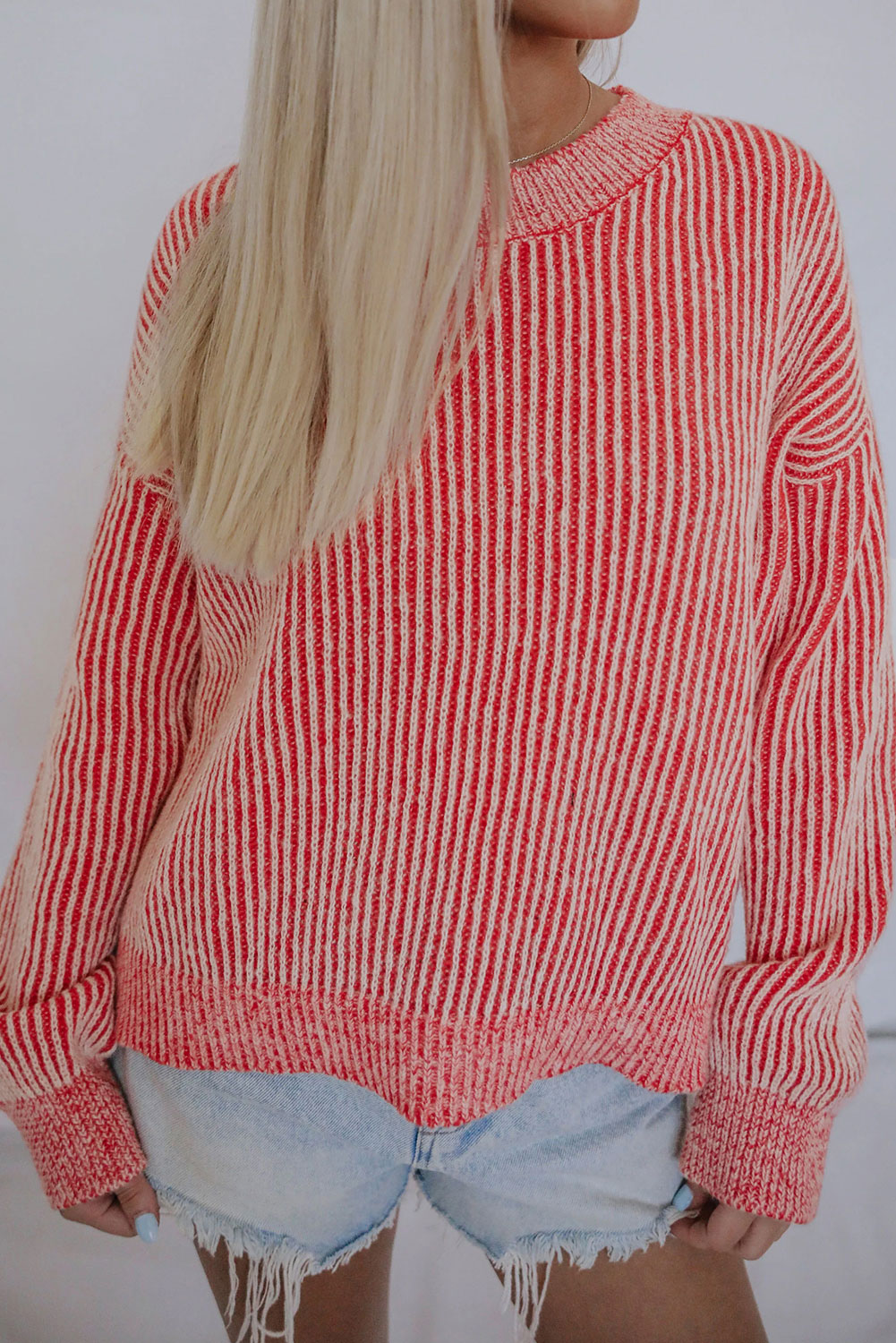 Shewin Wholesale WESTERN Red Casual Stripe Print Round Neck Sweater