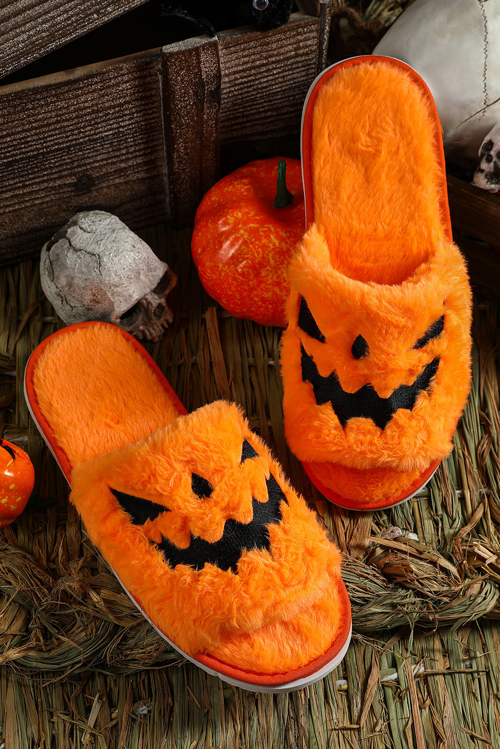 Yellow Fuzzy Halloween Pumpkin Open Toe Slippers