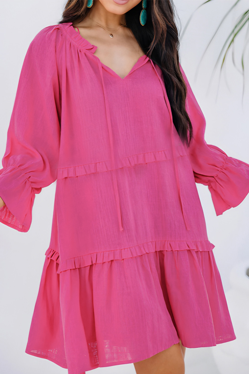 Rose Tiered Frill Detail Tie Neck Mini Dress