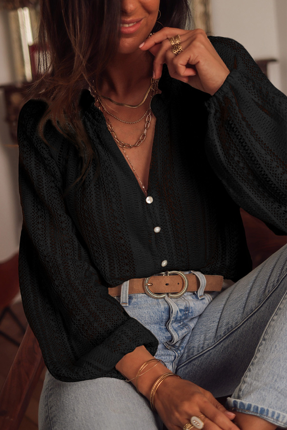 Black Notch Neck Button Down Raglan Sleeve Lace Top