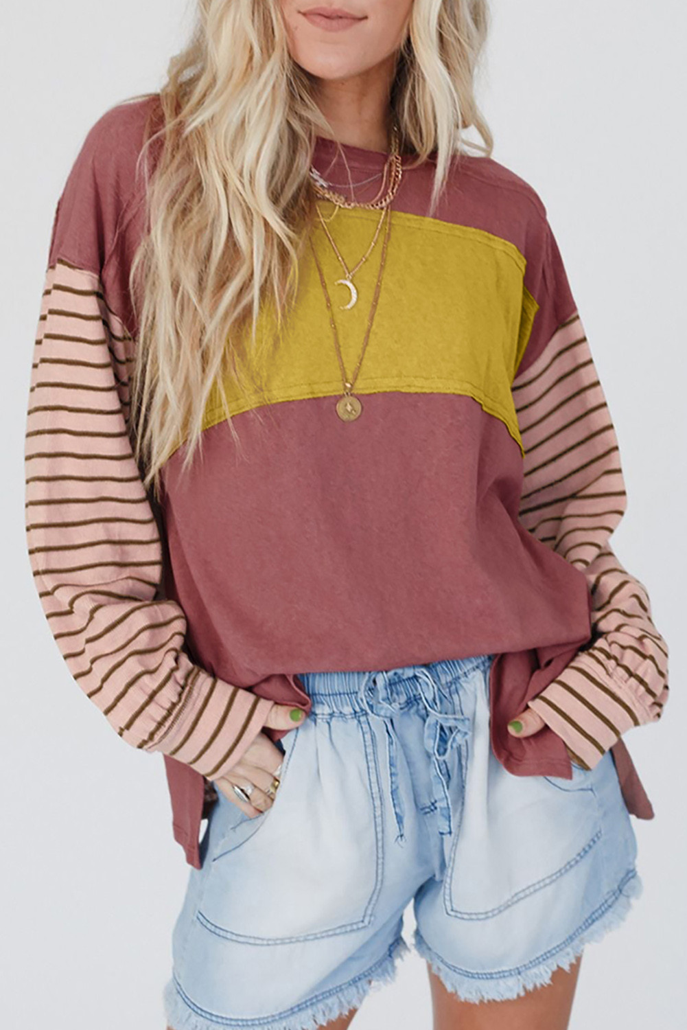 Red Colorblock Striped Bishop Sleeve Top with Side Slits