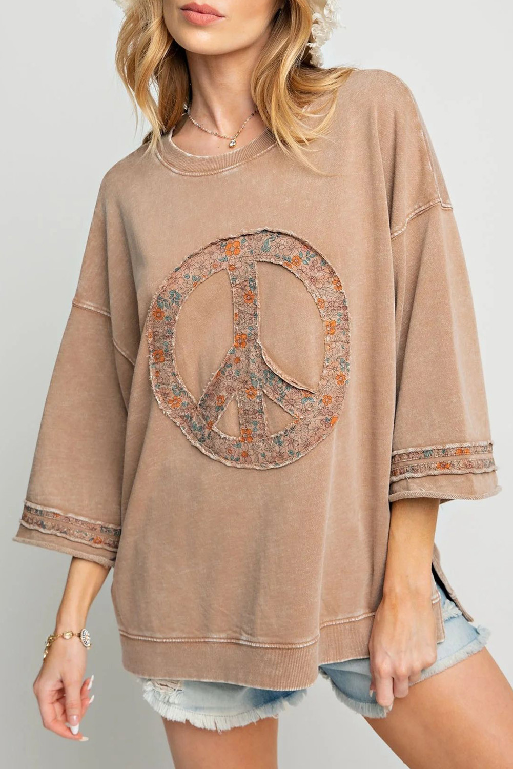 Khaki Floral Peace Sign Patchwork 3/4 Drop Sleeve Pullover Top