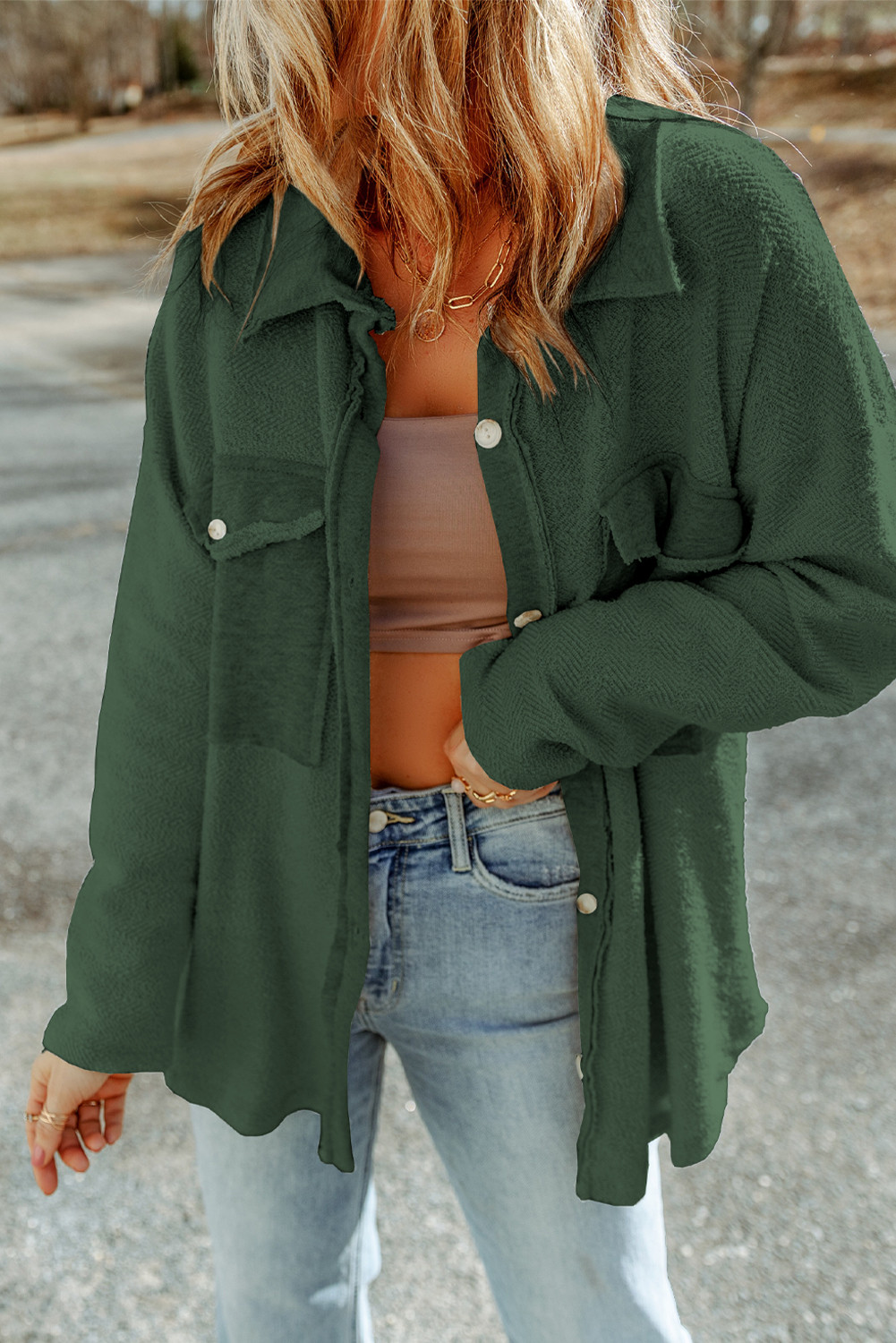 Green Textured Button Up Shirt Shacket with Flap Pockets