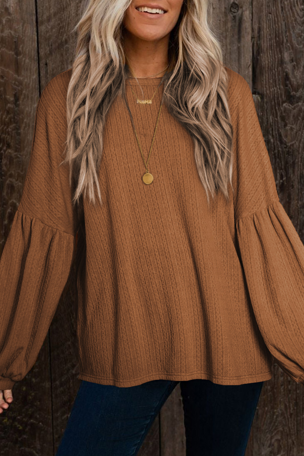 BROWN Solid Color Textured Pullover Casual Long Sleeve Top