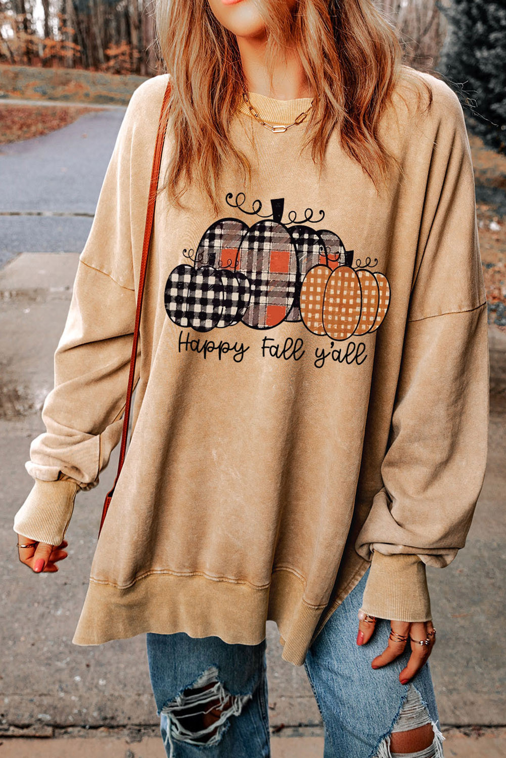 Khaki Plaid Pumpkin Washed Split Graphic Sweatshirt