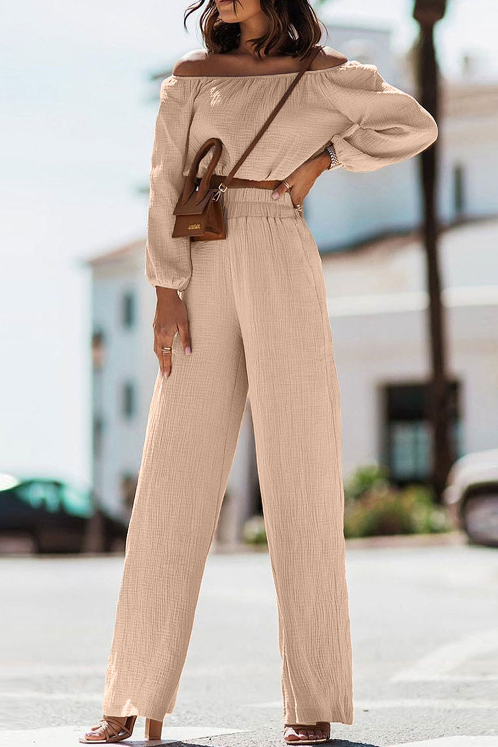 Khaki Long Puff Sleeve High Waist Crinkle Two Piece Pants Set