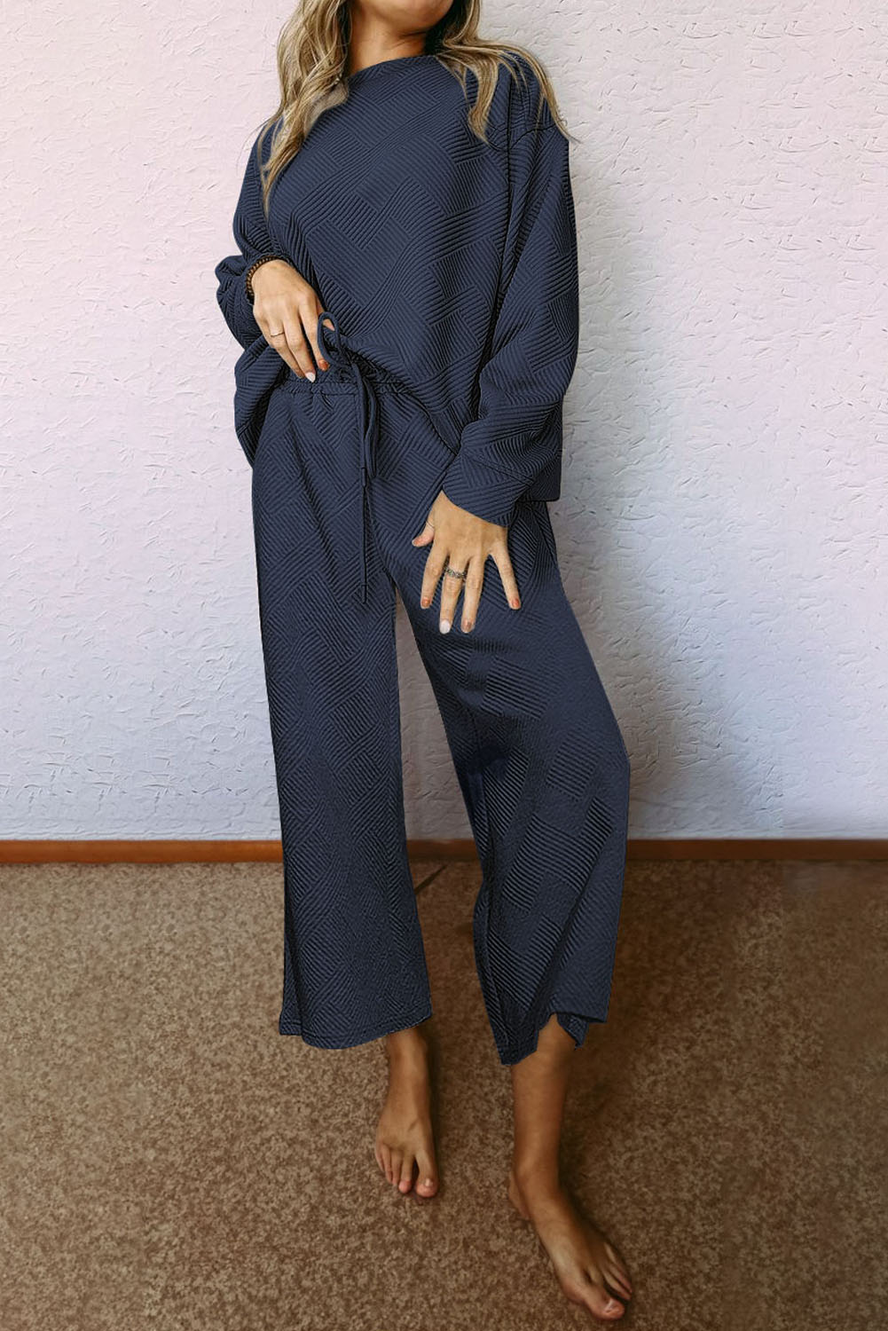 Shewin Wholesale Western Clothes Navy Blue Textured Loose Slouchy Long Sleeve Top and PANTS Set