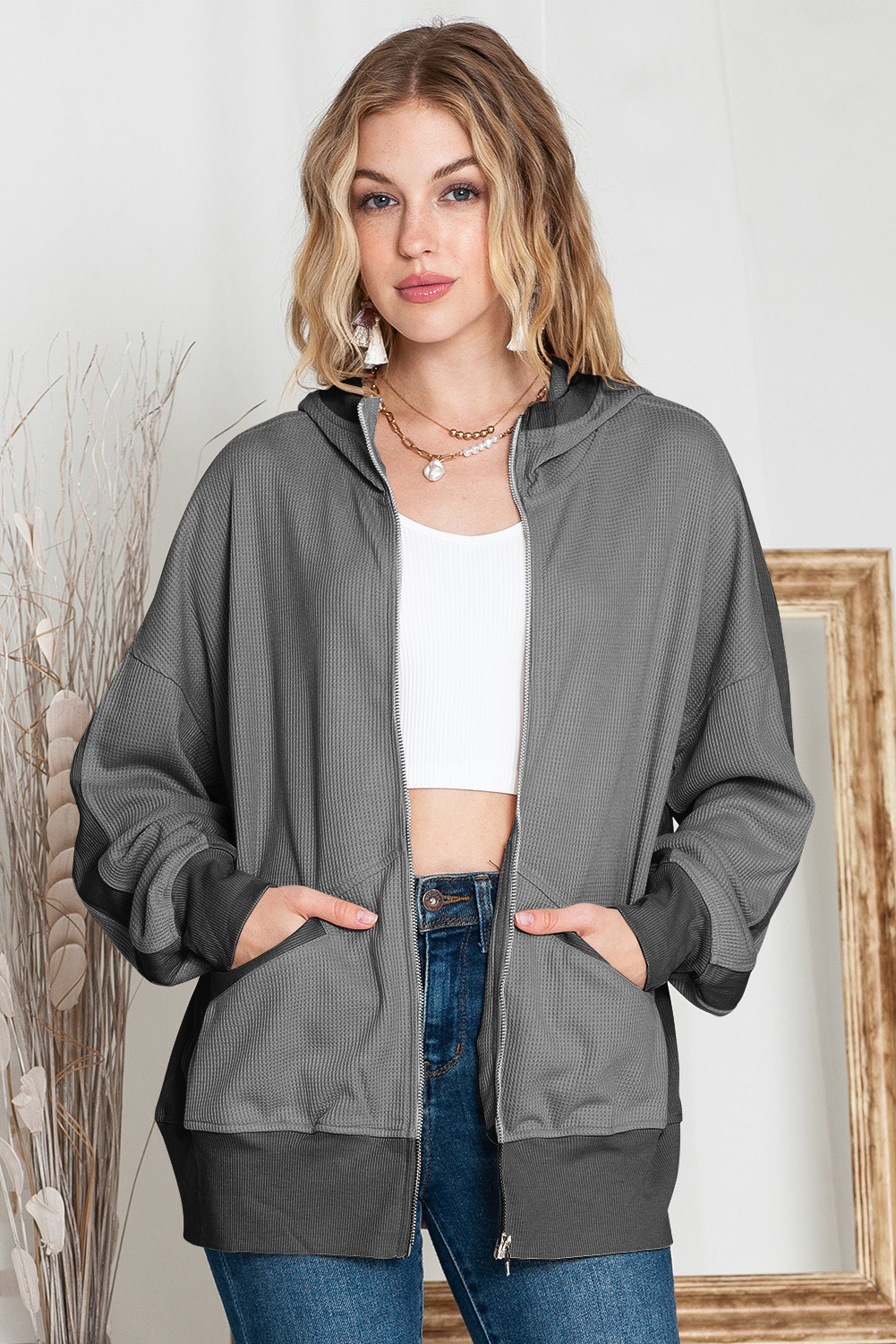 Gray Zip Up Waffle Patchwork Hoodie Jacket