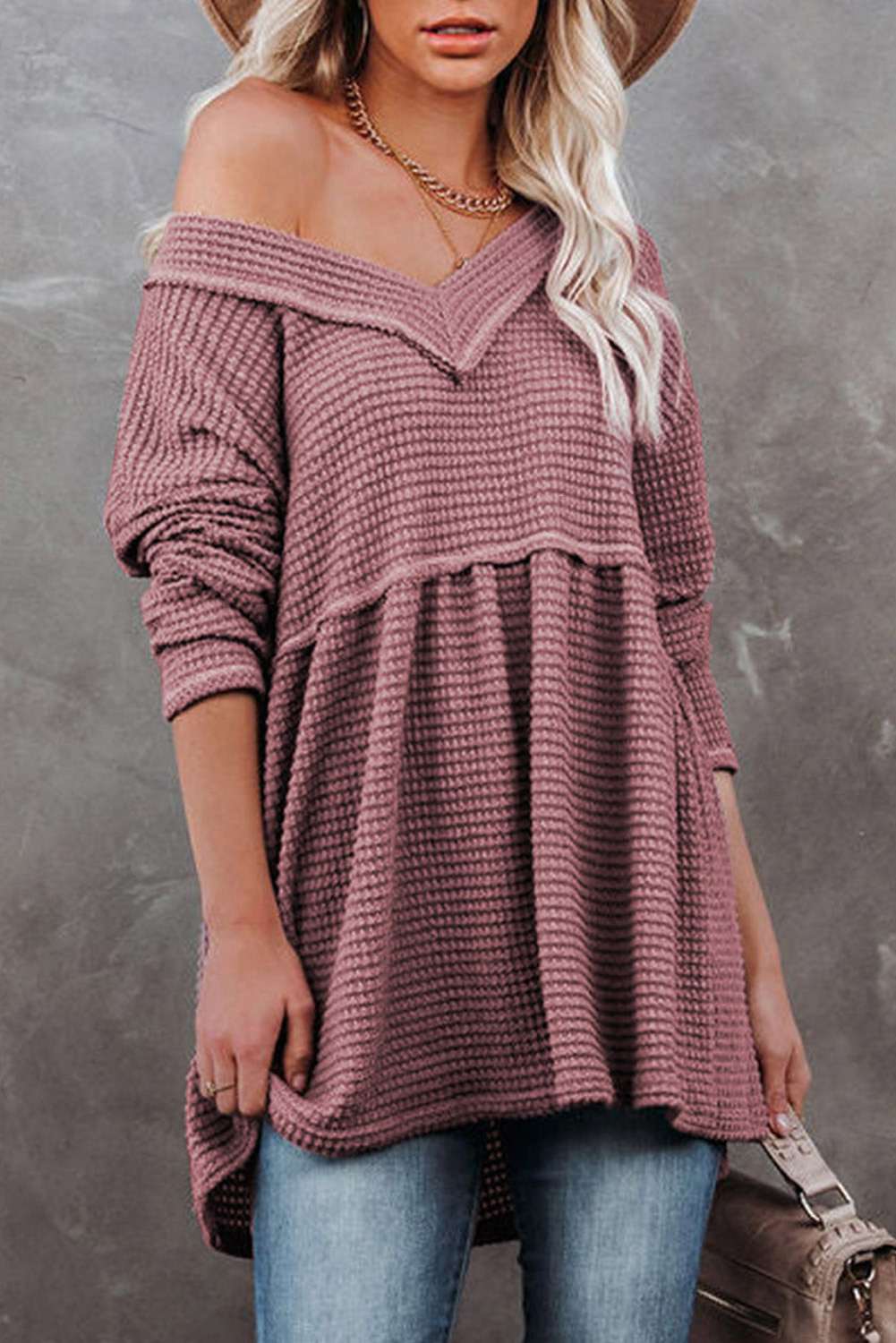 Pink Waffle Knit V Neck Long Sleeve Peplum Top
