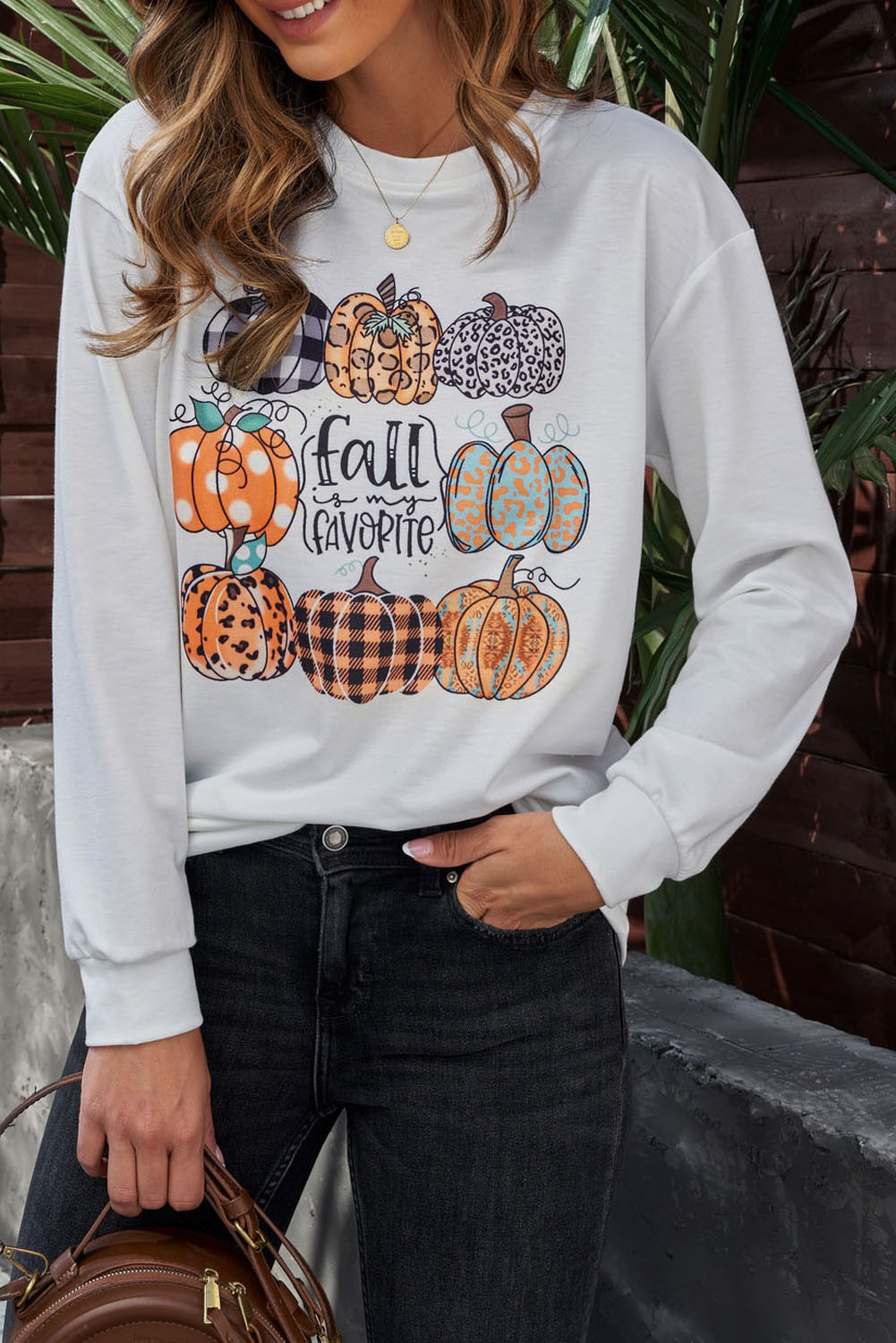 White Plaid Leopard Polka Dot Pumpkin Print Pullover Sweatshirt