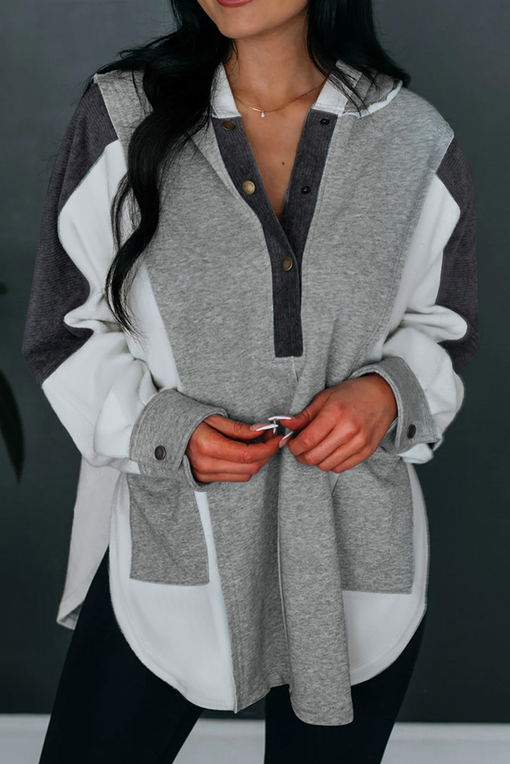 Grey Color Block Snap Button Exposed Seam Pullover Hoodie