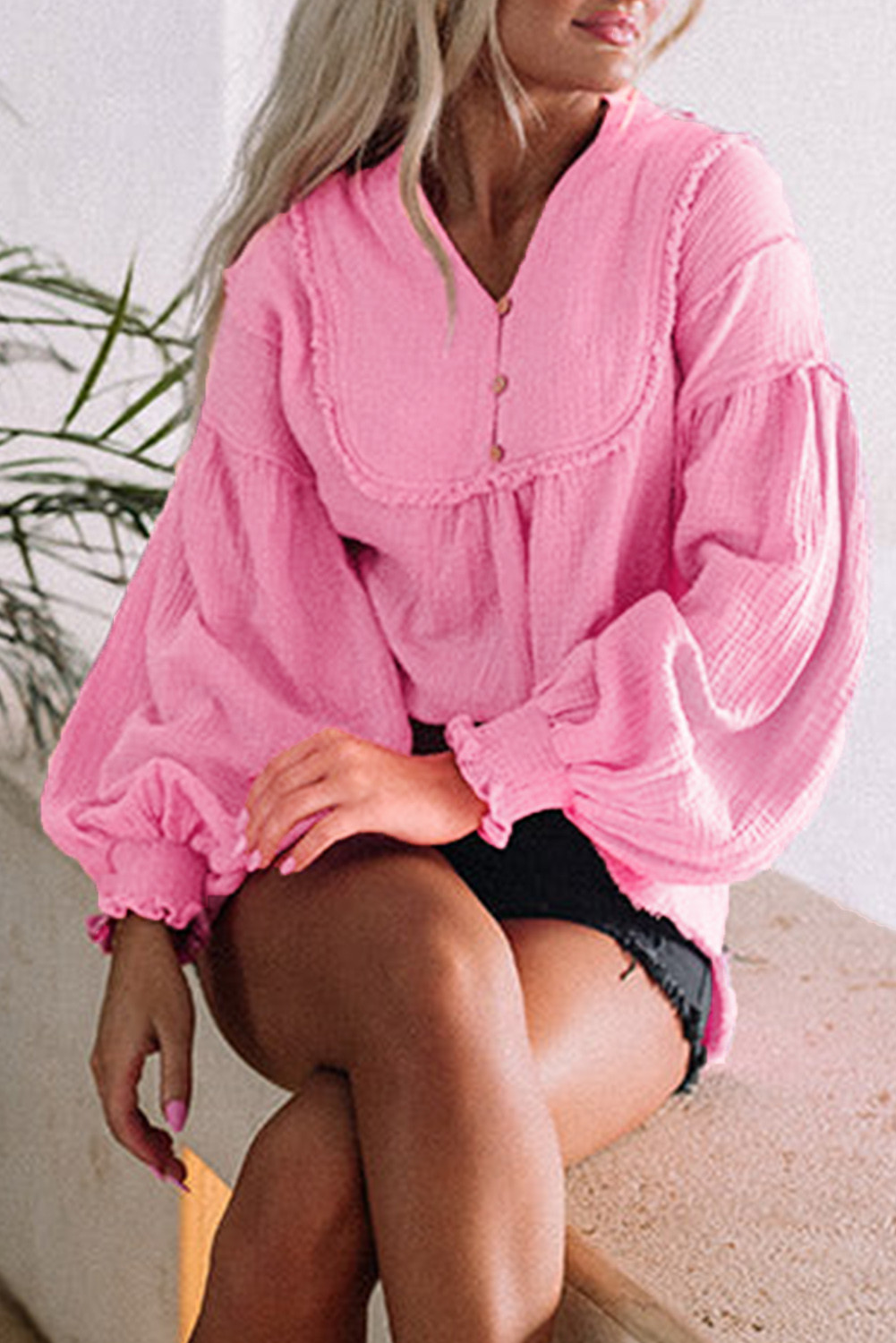 Pink Frilled Seam Crinkle Shirred Bishop Sleeve Blouse