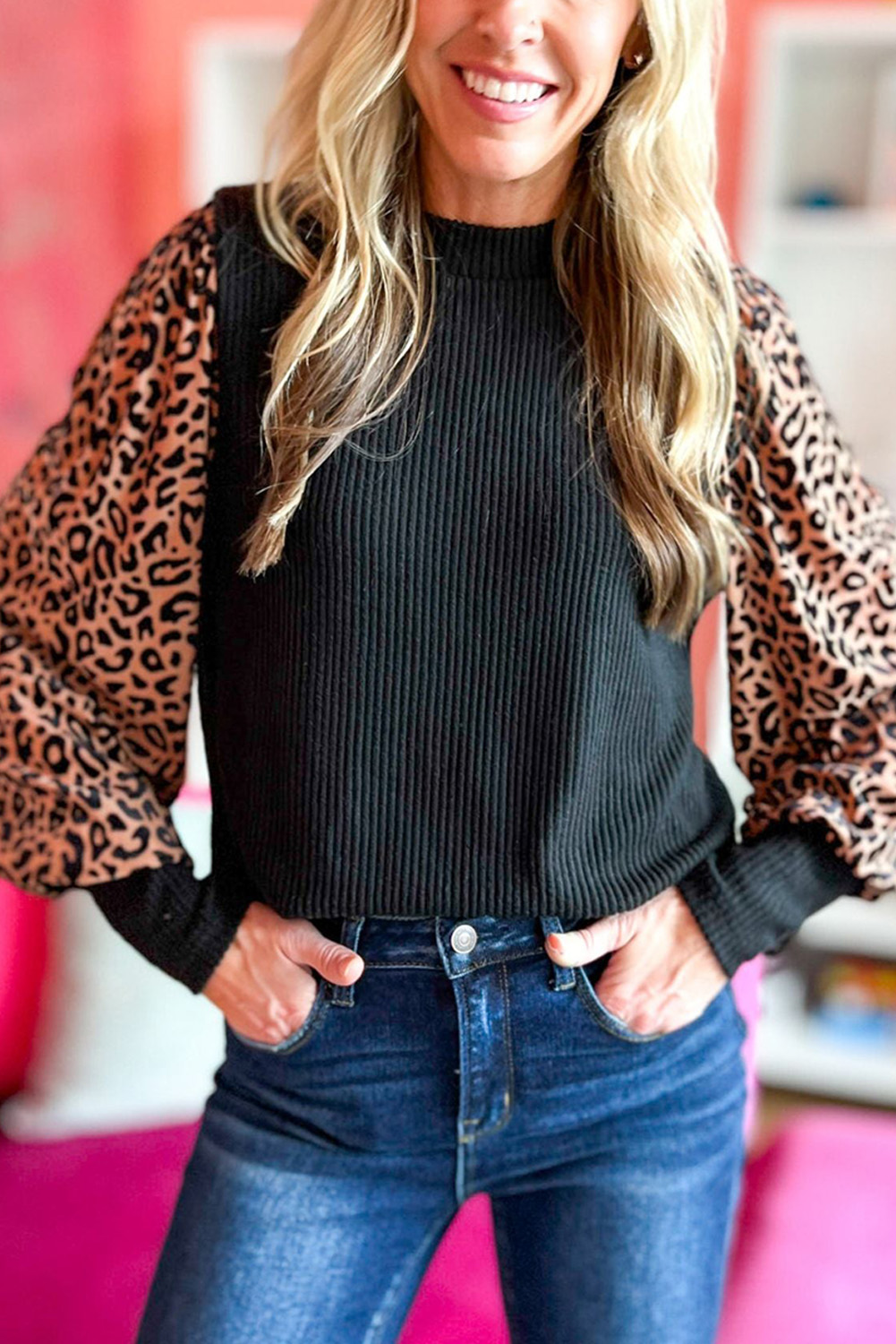 Shewin Wholesale WESTERN Apparel Black Leopard Print Long Sleeve Ribbed Knit Blouse