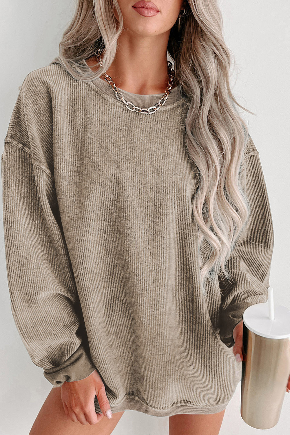 Shewin Wholesale Trendy Khaki Solid Ribbed Round Neck Pullover SWEATSHIRT