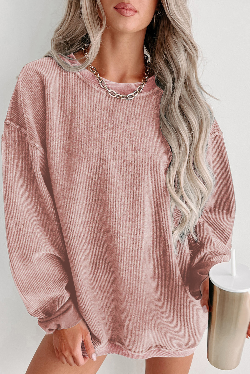 Shewin Wholesale Western Apparel Pink Solid Ribbed Round Neck Pullover Sweatshirt