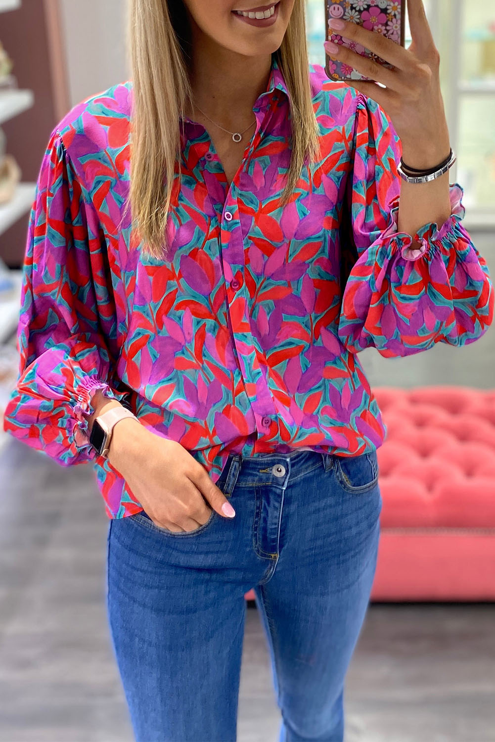 Multicolor Abstract Floral Long Puff Sleeve SHIRT