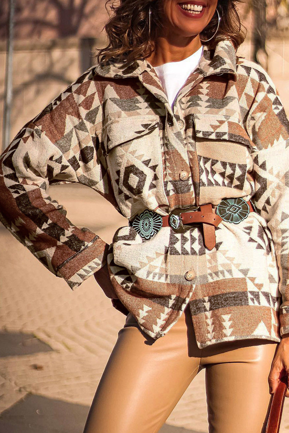Brown Geometric Print Colorblock Flap Pocket Jacket