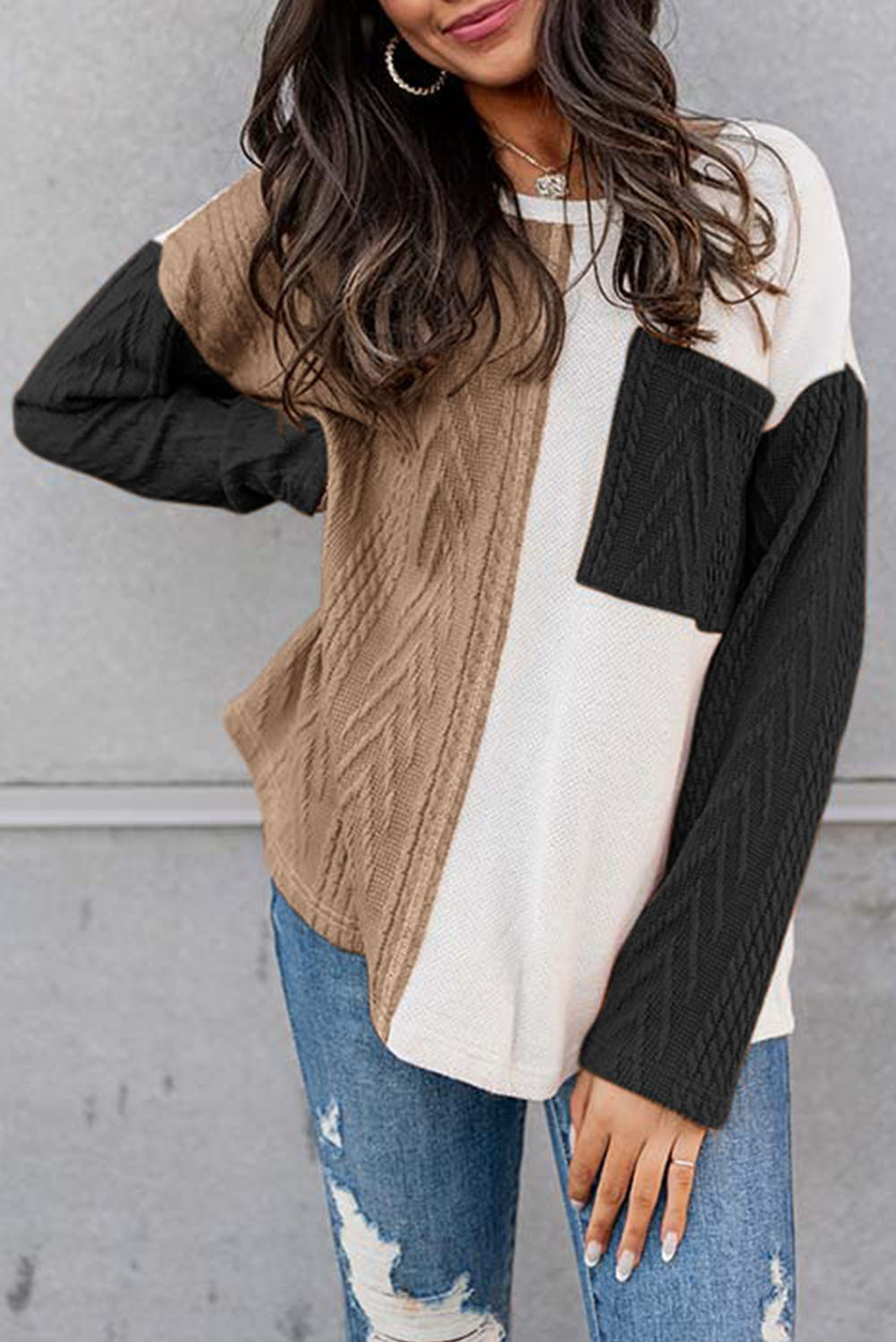 Shewin Wholesale WESTERN Apparel Black Long Sleeve Colorblock Chest Pocket Textured Knit Top