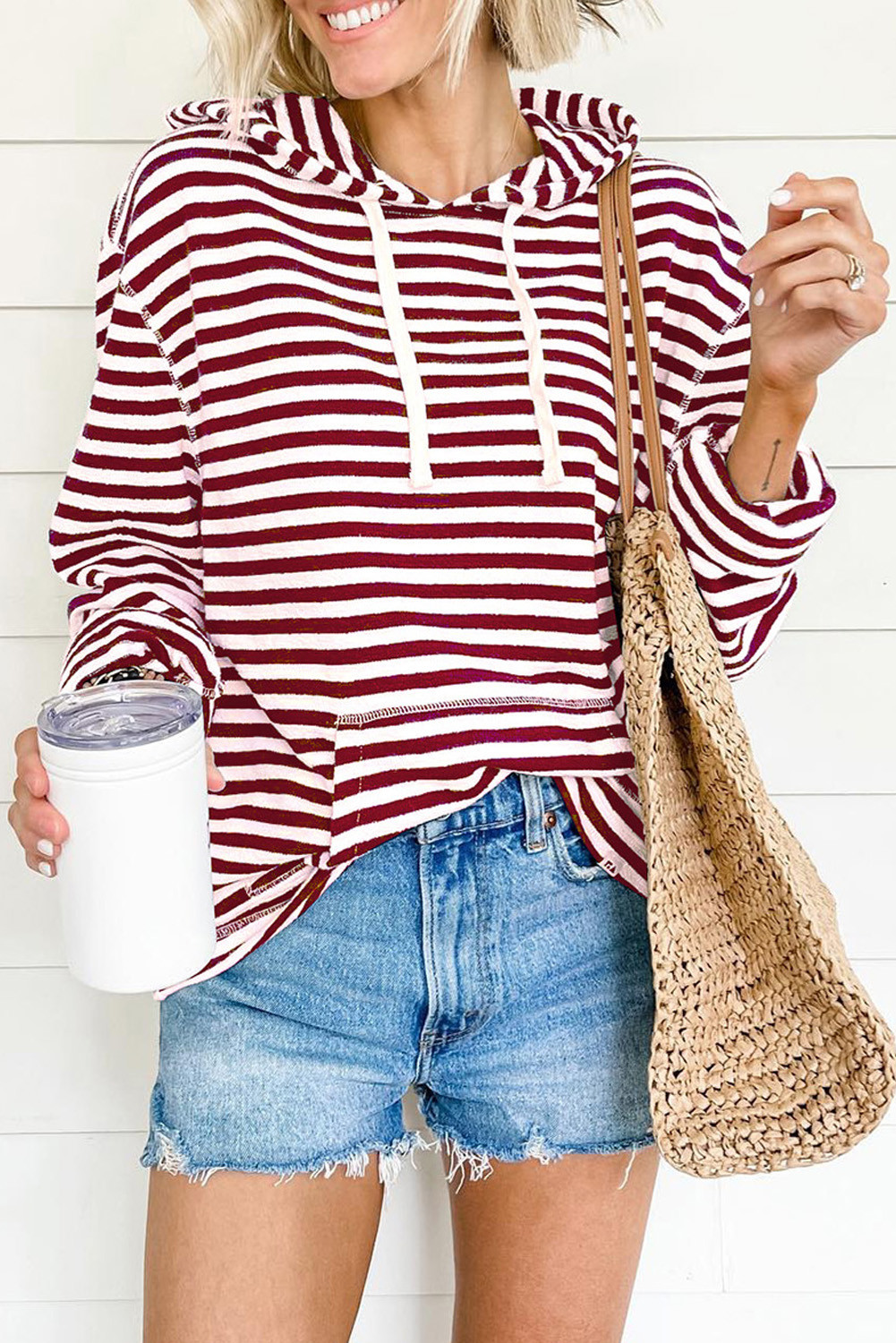 Red & White Striped Kangaroo Pocket Drawstring Hoodie