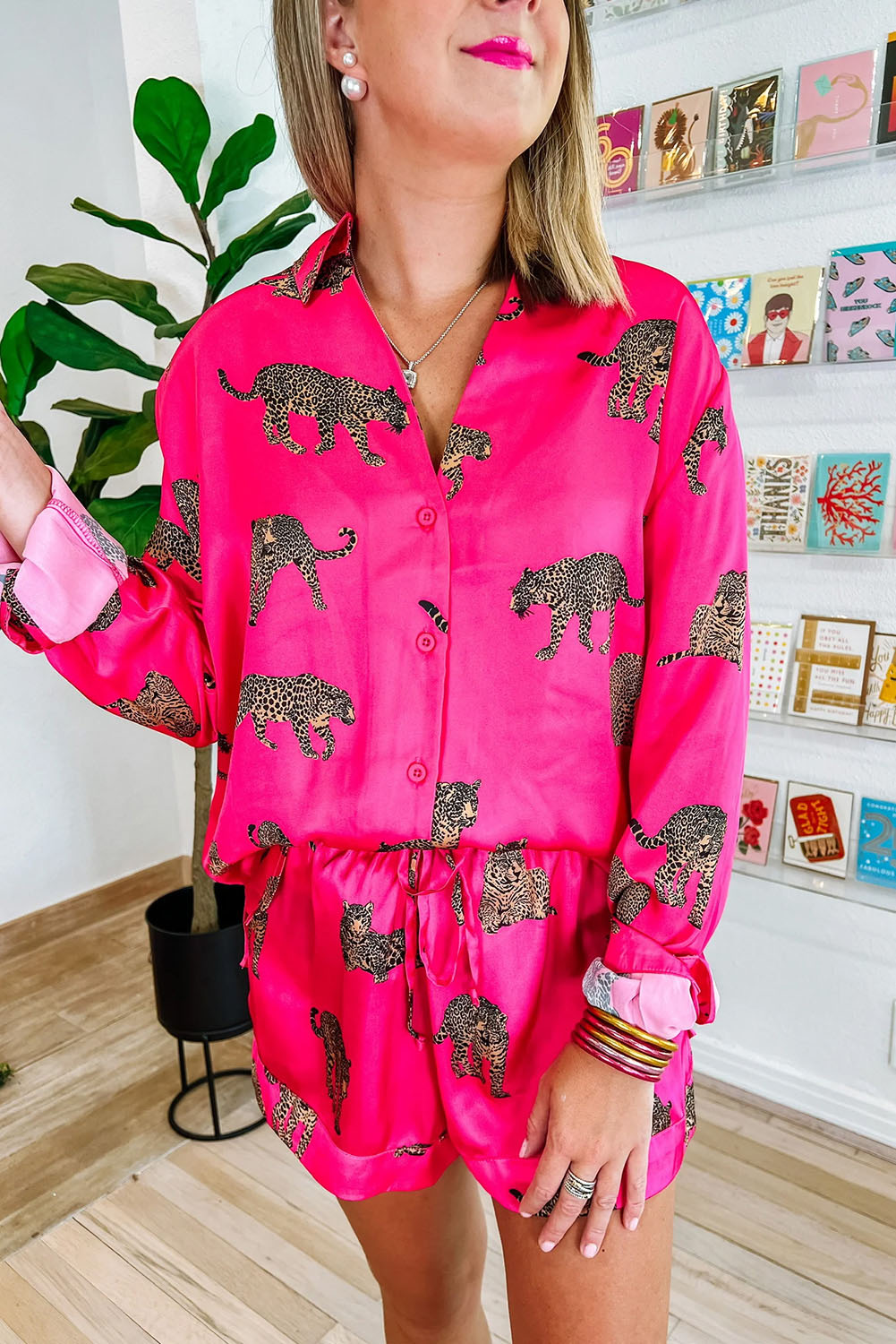 Shewin Wholesale Western Apparel Hot Pink Animal Print Shirt and Drawstring SHORTS Set