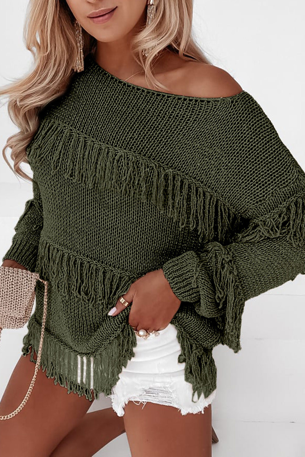 Green Boho Fringe Tasseled Knitted Sweater
