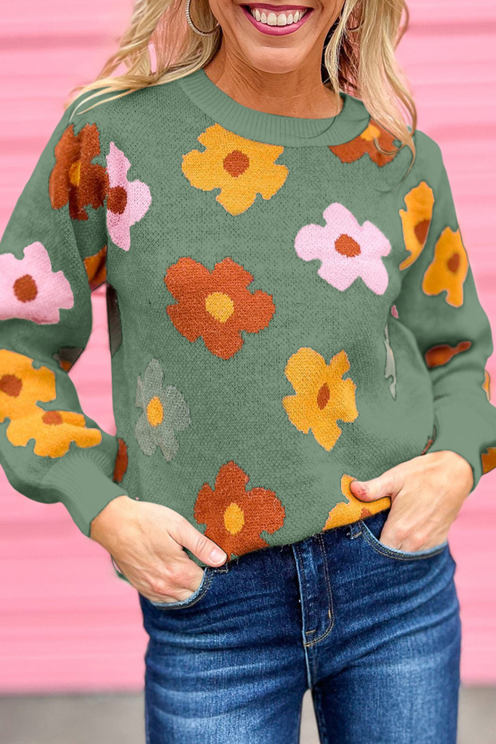 Shewin Wholesale Western Green Sweet 60s FLOWER Ribbed Contrast Knitted Sweater