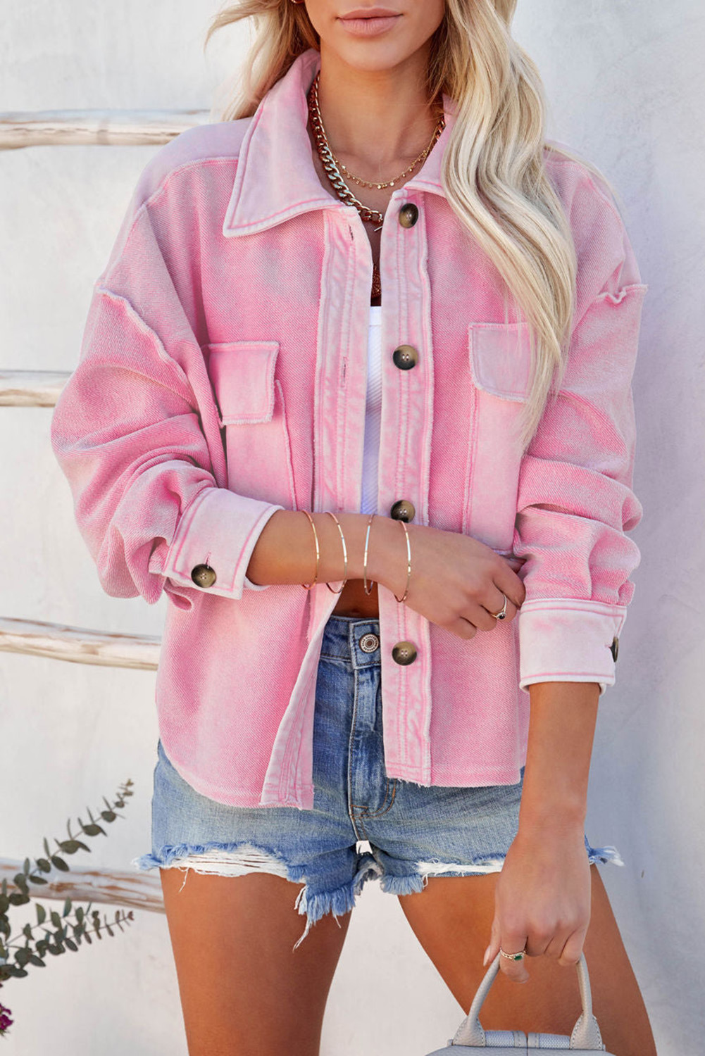 Pink Turn-Down Collar Pockets Shirt JACKET