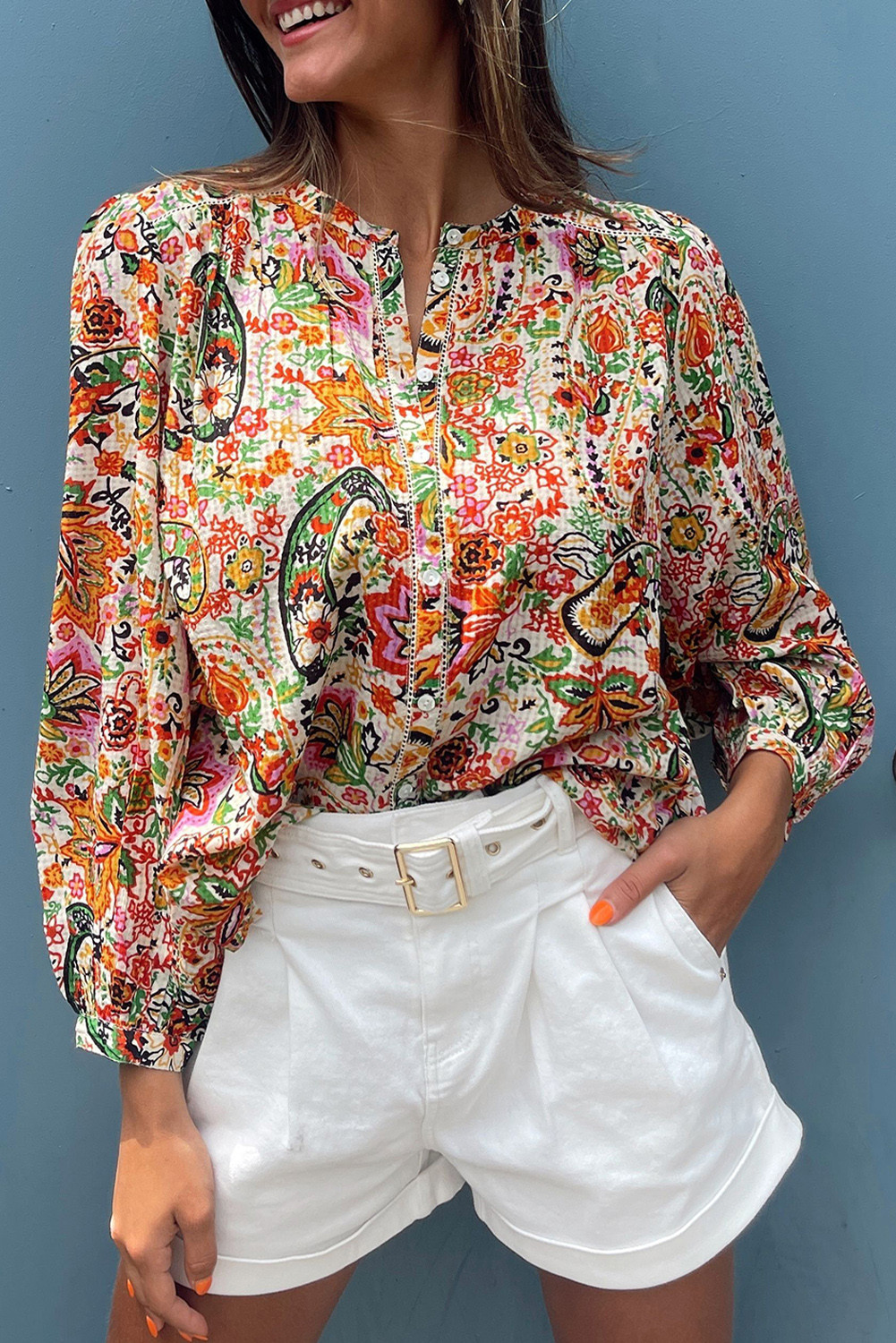 Multicolour Boho Floral Print Puff Sleeve Shirt