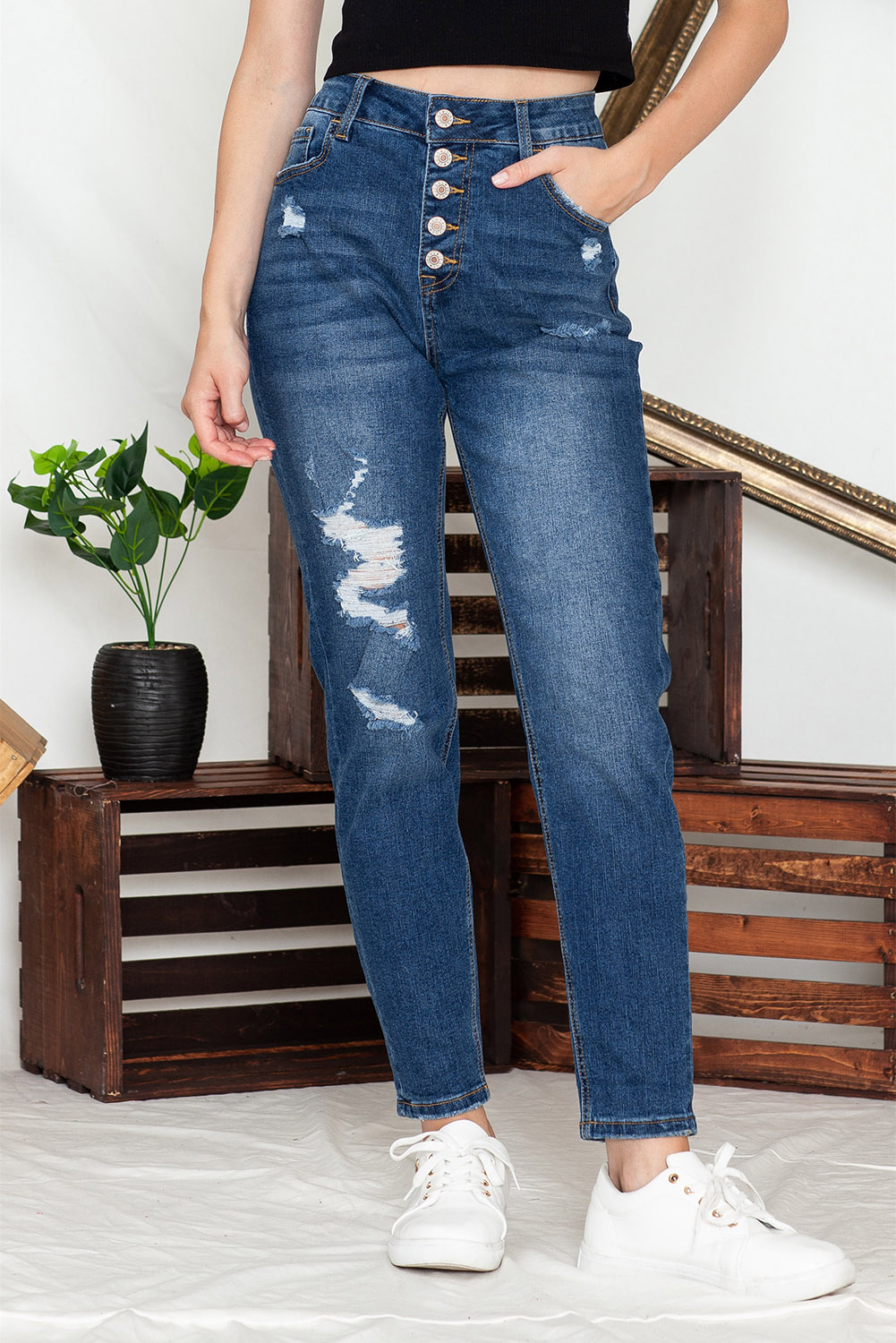 Blue Distressed Button Fly High Waist SKINNY JEANS