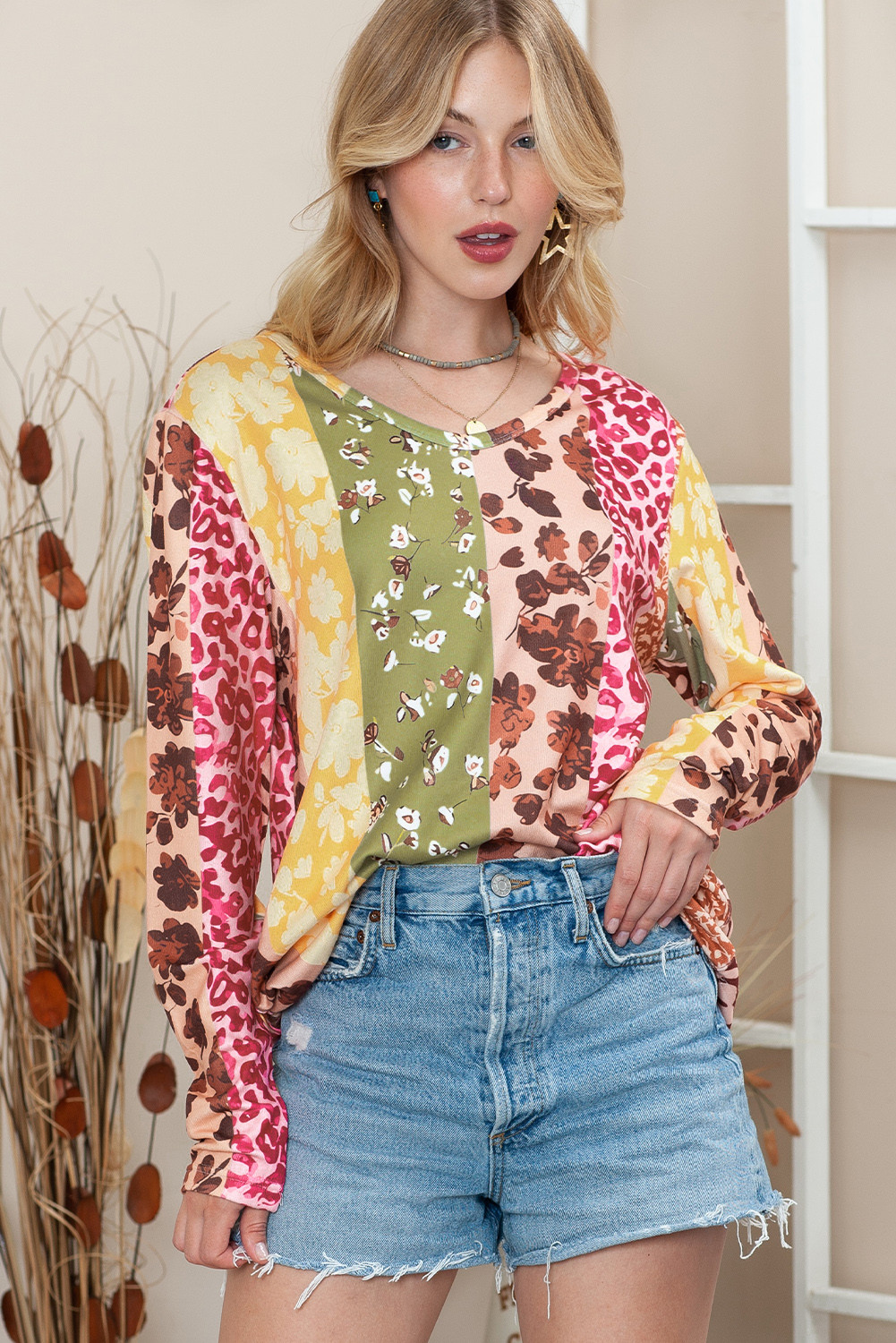 Multicolor Floral and Leopard Print Color Block Long Sleeve T Shirt