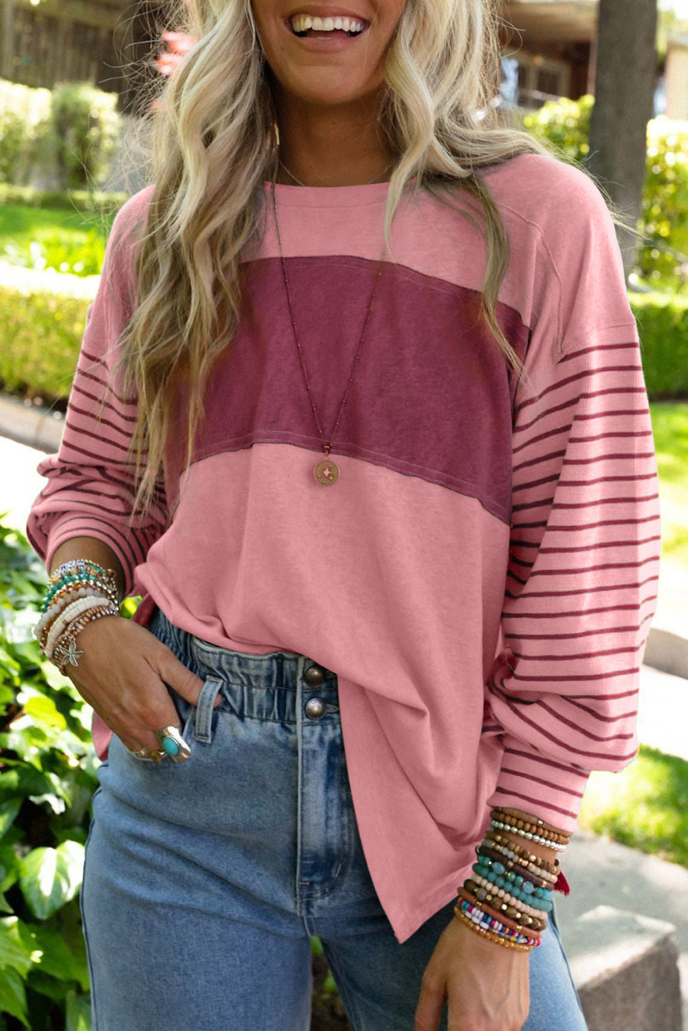 Shewin Wholesale WESTERN Apparel Peach Blossom Colorblock Striped Bishop Sleeve Top