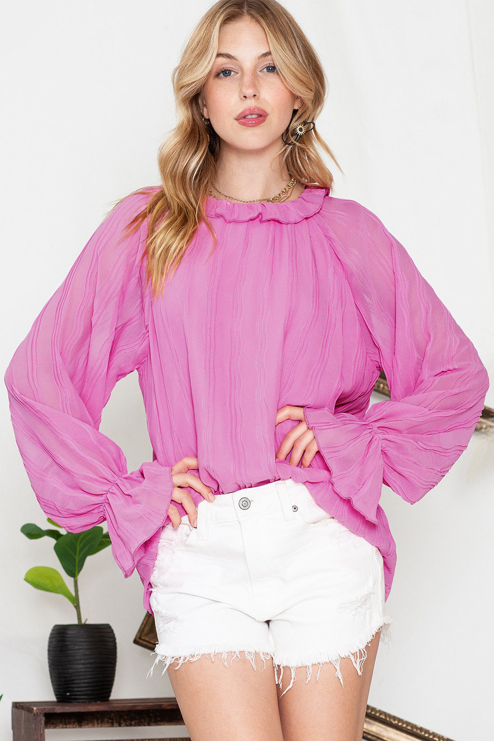 Pink Crinkle Frilled Neck Pleated Long Sleeve Blouse