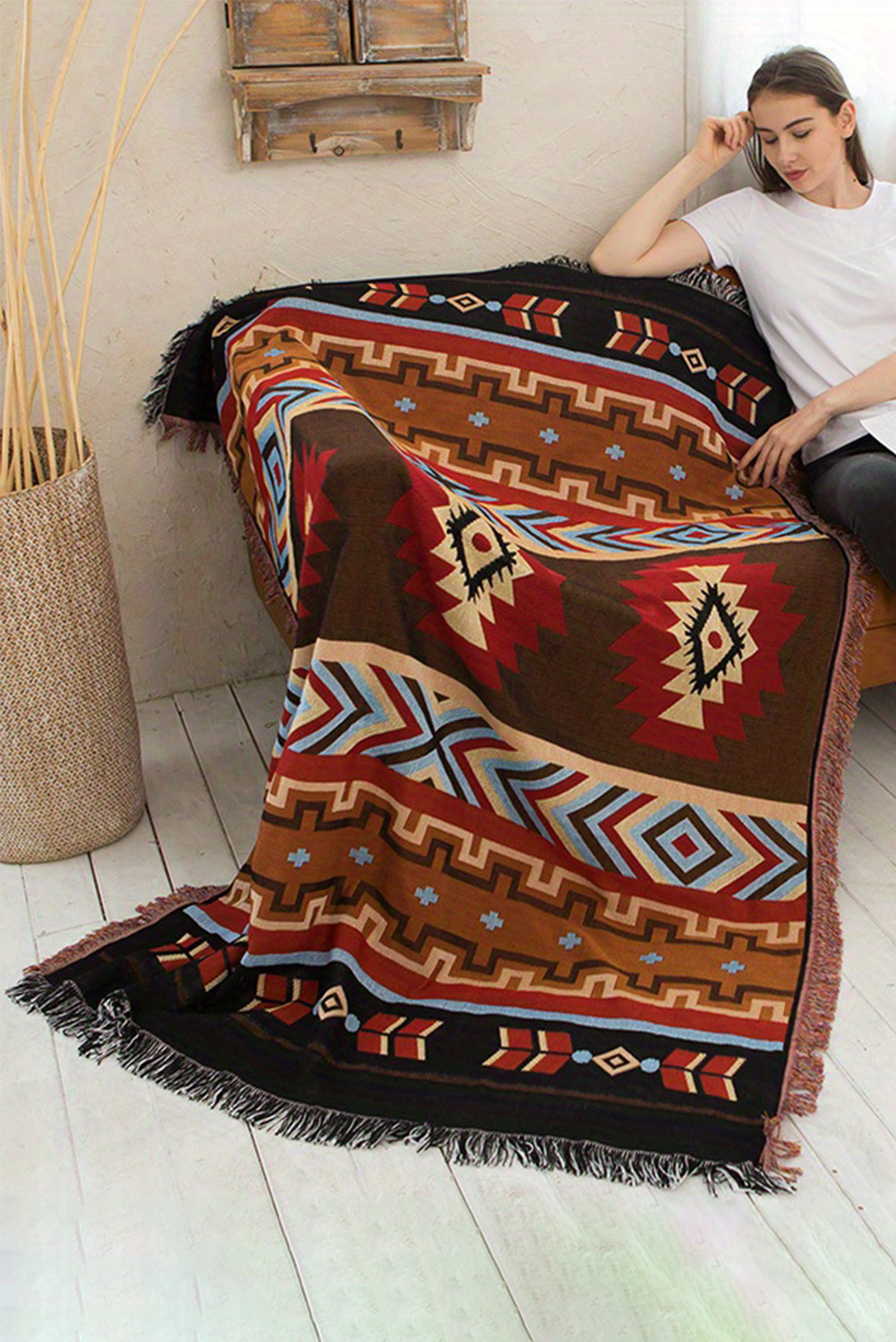 Ruby 130*180 Geometric Print Raw Hem Large Blanket