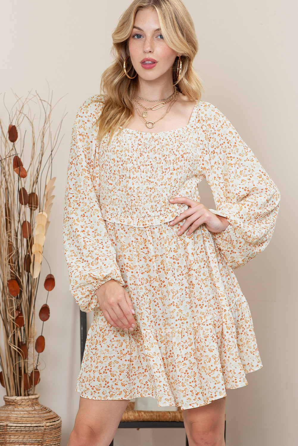Shewin Wholesale Southern Apricot Boho Floral Smocked Puff Sleeve SHORT Dress