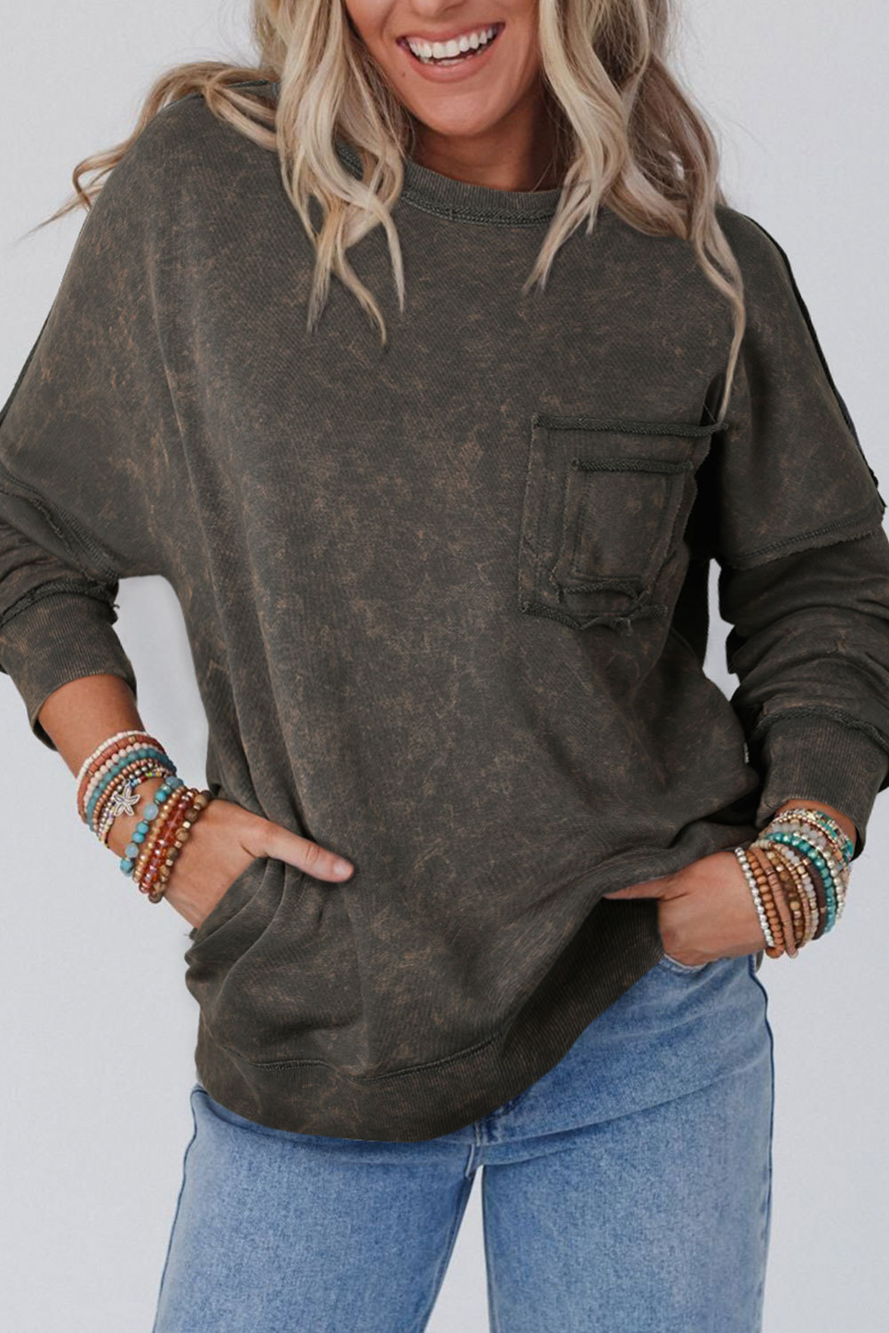 Gray Acid Wash Drop Shoulder Pocket Crew Neck Top