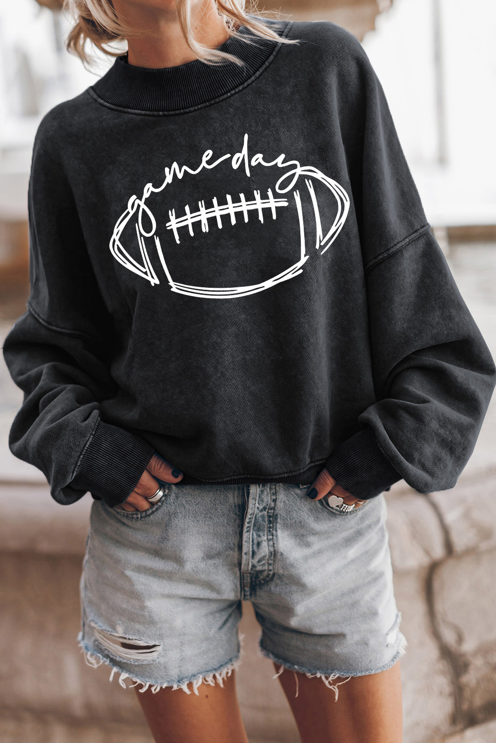 Shewin Wholesale Clothing Black Rugby GAME Day Graphic Pullover Sweatshirt