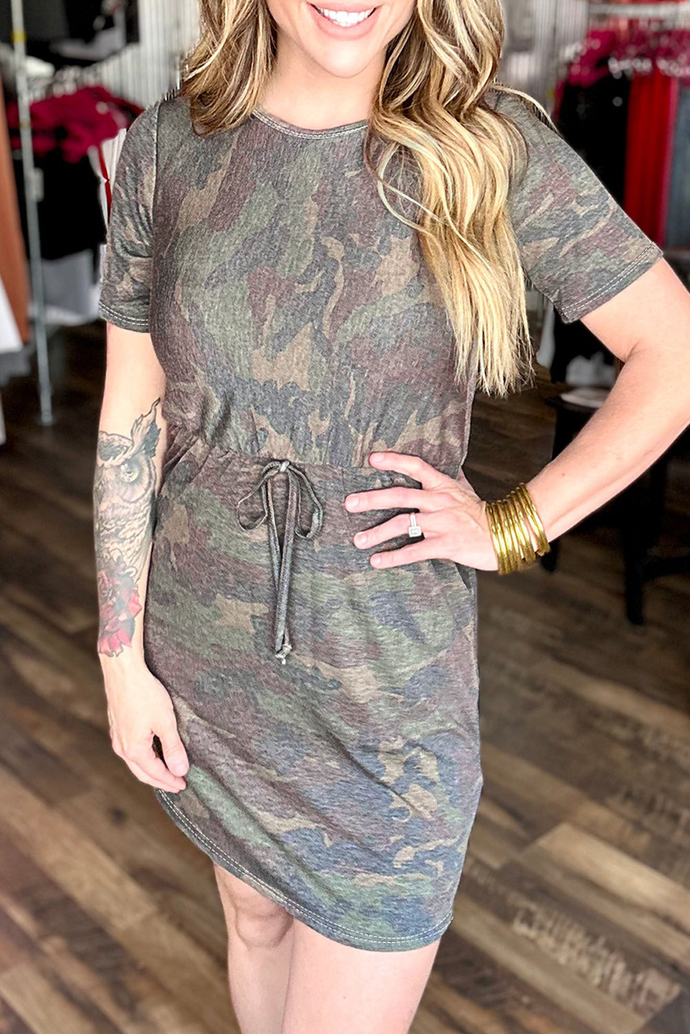 Green Vintage Camo Print Drawstring Short Dress