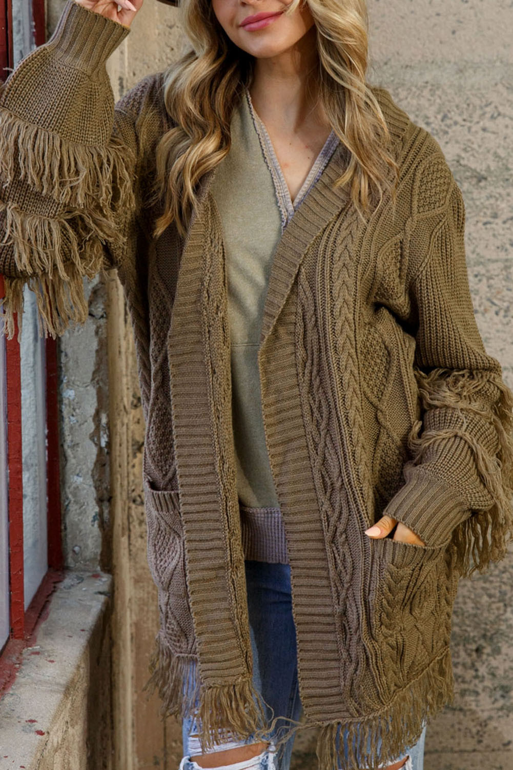 Brown Twist Knit Open Front Fringe Hem Cardigan